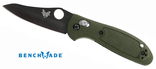Benchmade Mini Griptilian 555BKHGOD front view - 2.91" black 154CM sheepsfoot folding knife with olive drab handle