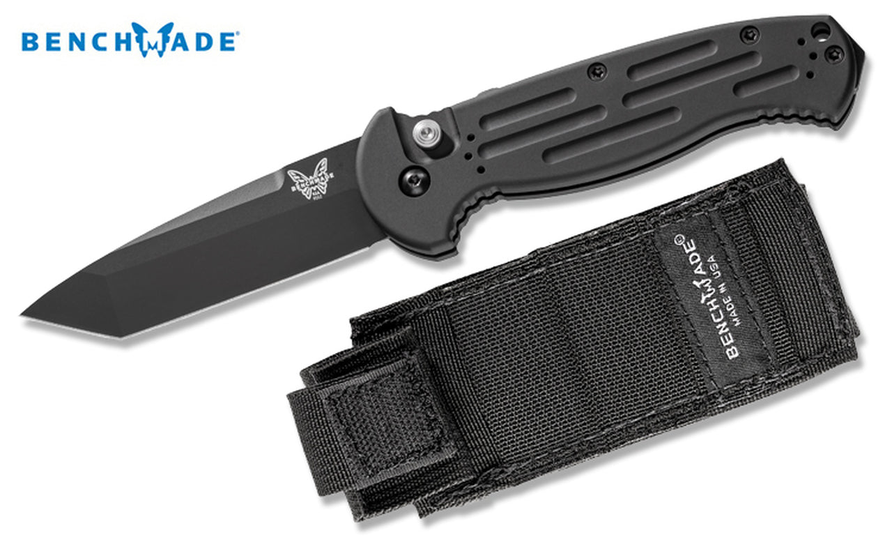 Benchmade AFO II 9052BK front view – 3.56" black 154CM tanto plain-edge automatic knife, black aluminum handle