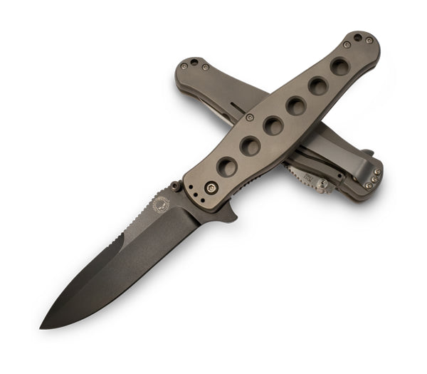 Benchmade Harley-Davidson Ti-Fender 13900BK front view - 3.75" black-coated 9Cr13 spear-point titanium Monolock flipper knife