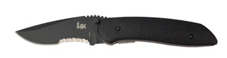 Benchmade H&K 14950SBK Fugitive folding knife shown open, 3.17 inch black N680 drop point combo edge blade, glass-filled nylon handle, liner lock