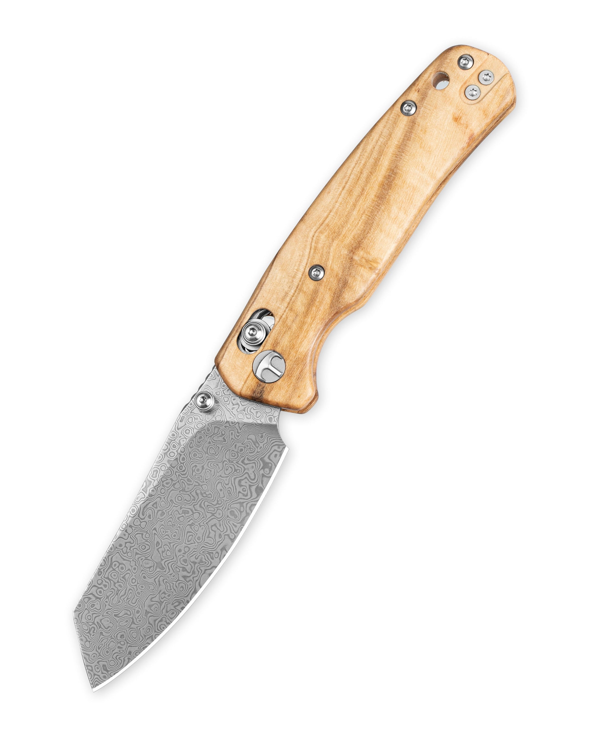 Bestechman Cicada's Wing BMK06-W-2 closed view – olive wood handle, deep carry clip