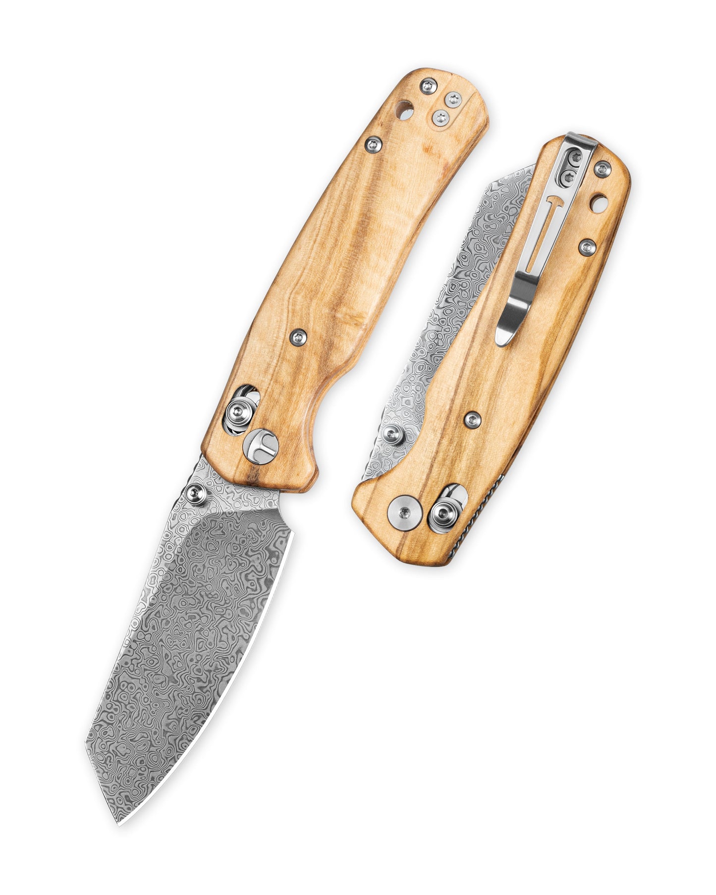 Bestechman Cicada's Wing BMK06-W-2 front view – 3.15" Damascus acid-etched blade, olive wood scales
