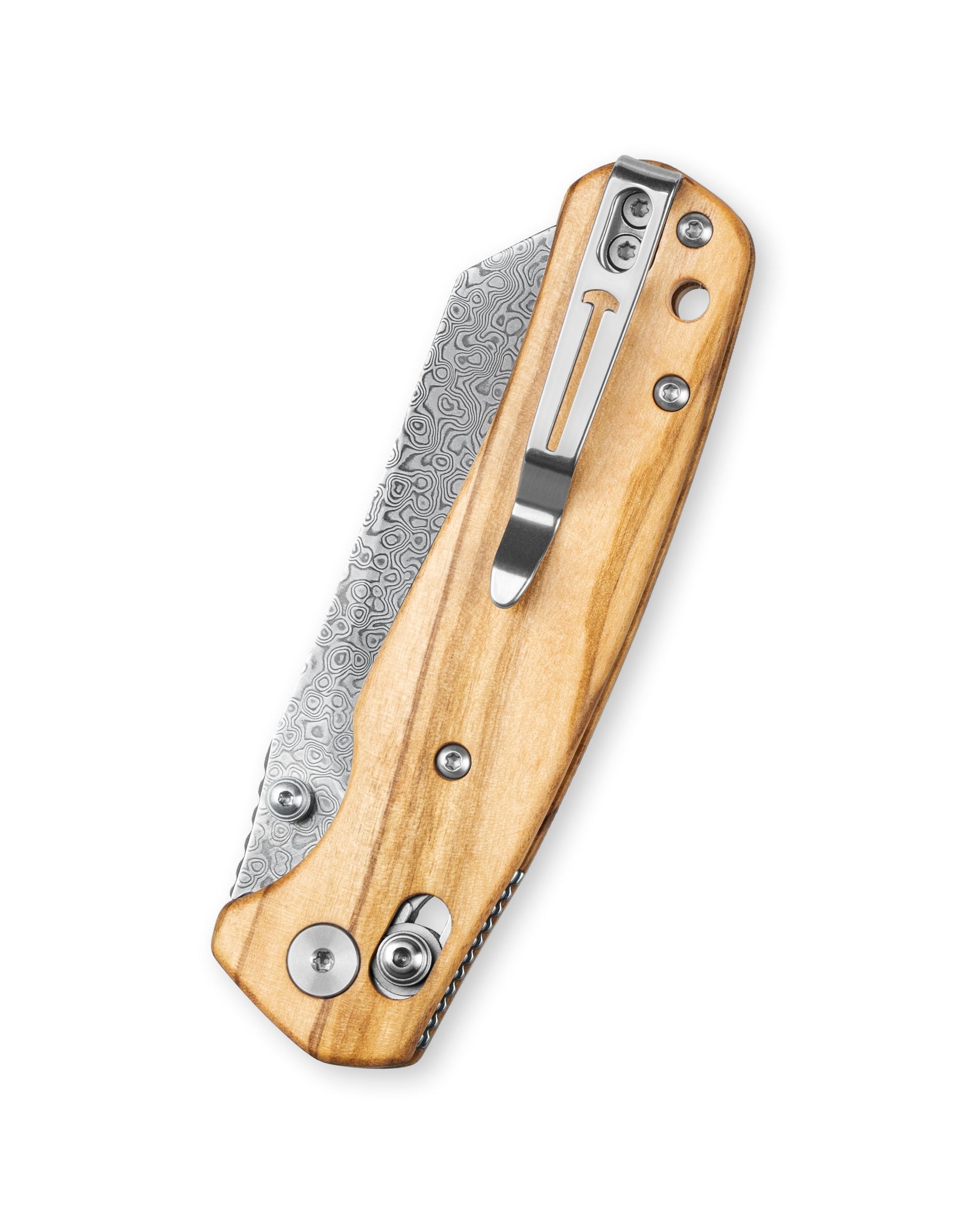 Bestechman Cicada's Wing BMK06-W-2 olive wood handle detail – B-Lock, ambidextrous deep carry clip