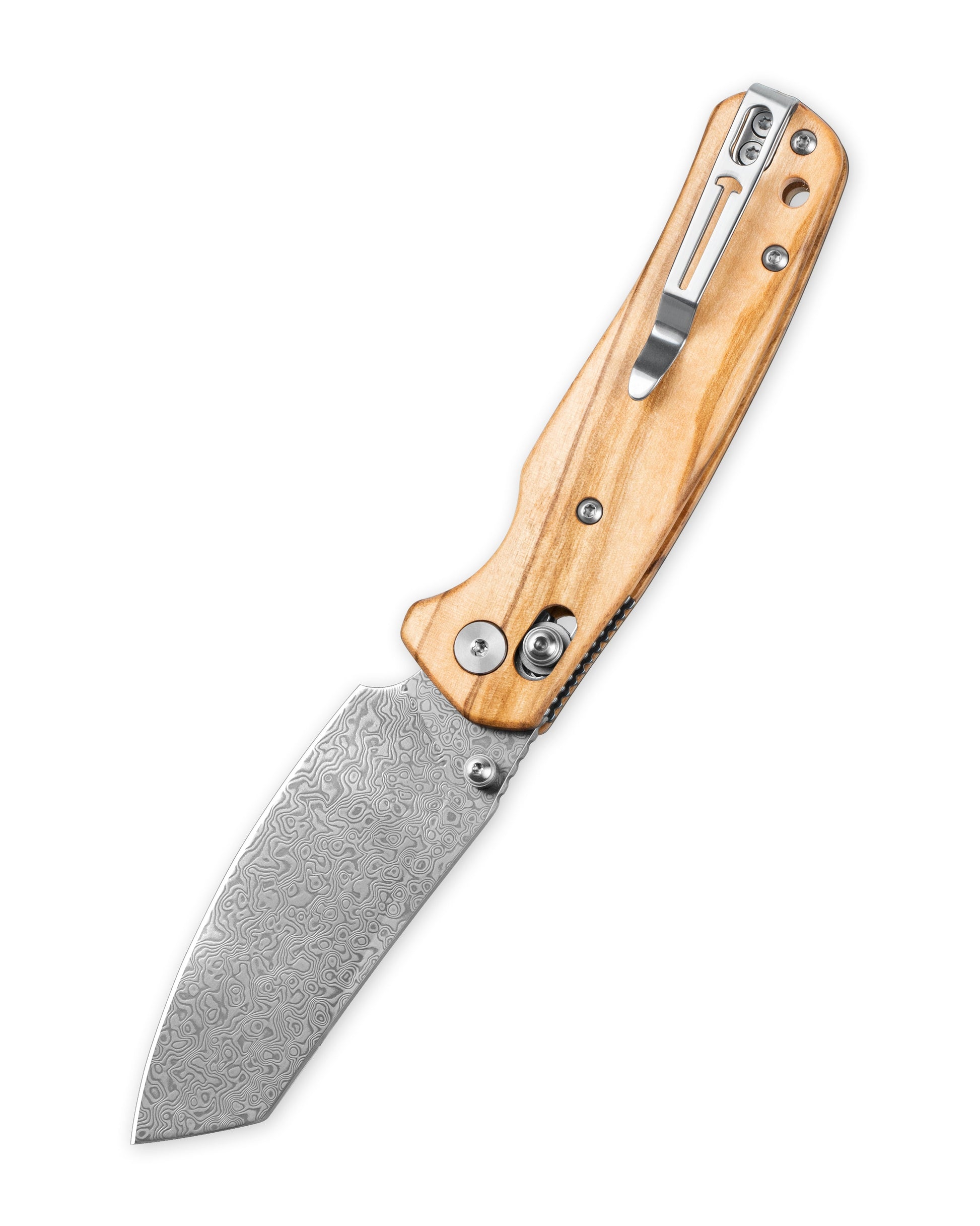 Bestechman Cicada's Wing BMK06-W-2 open position – B-Lock button lock, Damascus blade, 7.205" overall