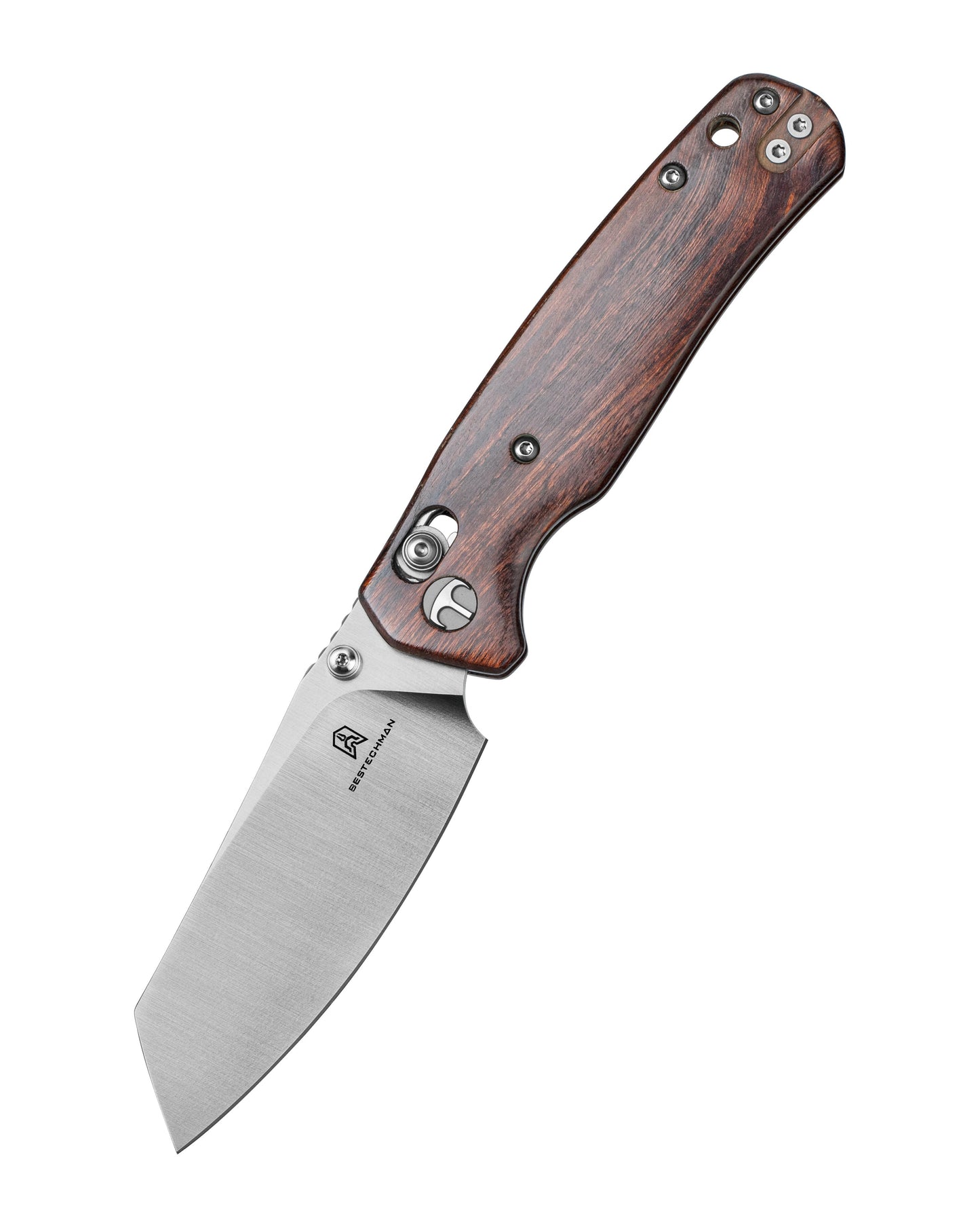 Bestechman Cicada's Wing BMK06-W-3 closed view – desert ironwood handle, deep carry clip