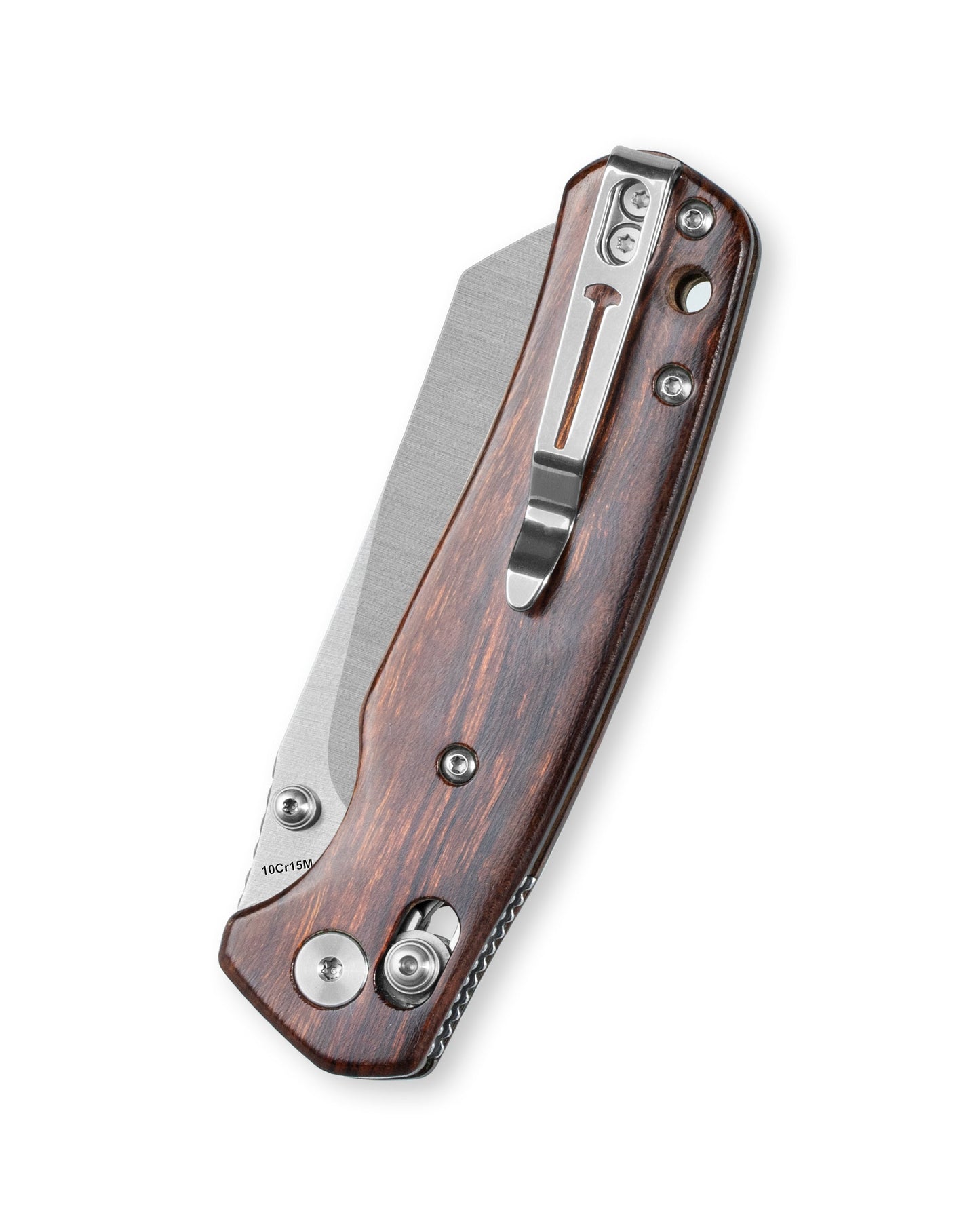 Bestechman Cicada's Wing BMK06-W-3 desert ironwood handle detail – B-Lock, ambidextrous deep carry clip