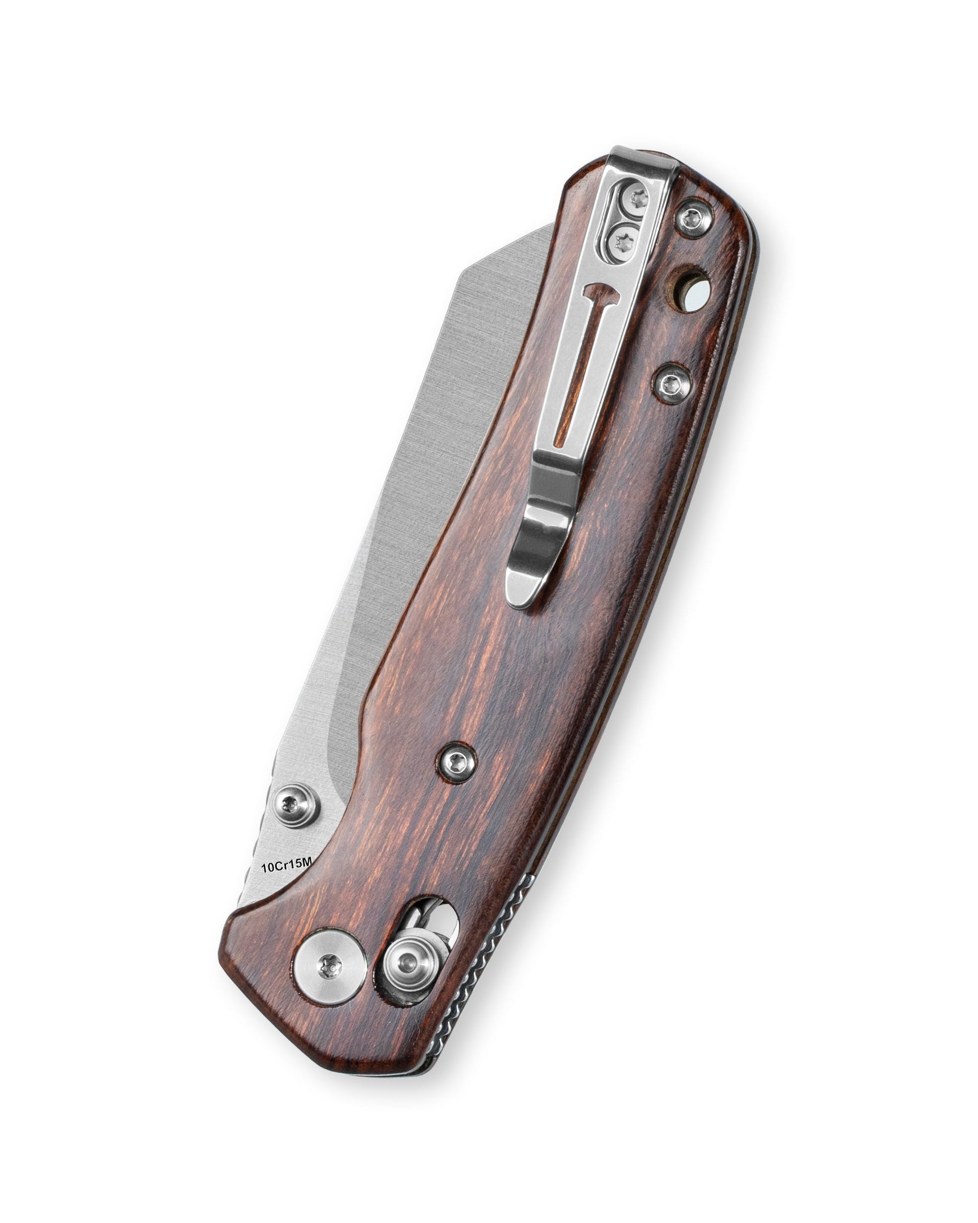 Bestechman Cicada's Wing BMK06-W-3 desert ironwood handle detail – B-Lock, ambidextrous deep carry clip