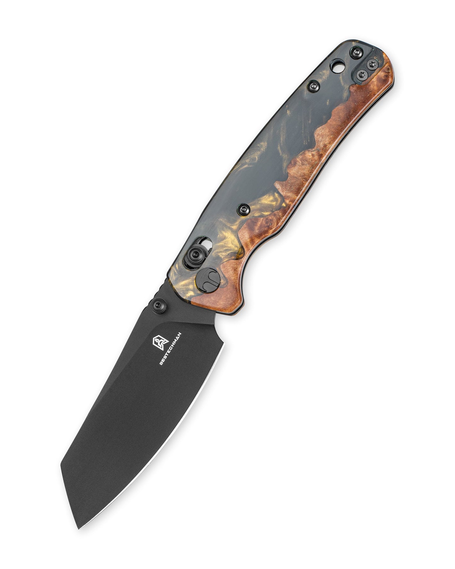 Bestechman Cicada's Wing BMK06-W-6 closed view – wood and resin handle, deep carry clip