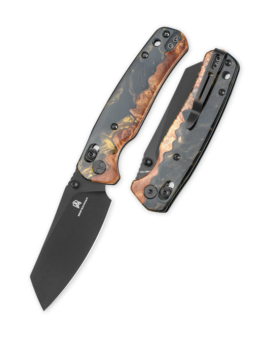 Bestechman Cicada's Wing BMK06-W-6 front view – 3.15" 10Cr15MoV Black PVD blade, wood+black+gold resin scales