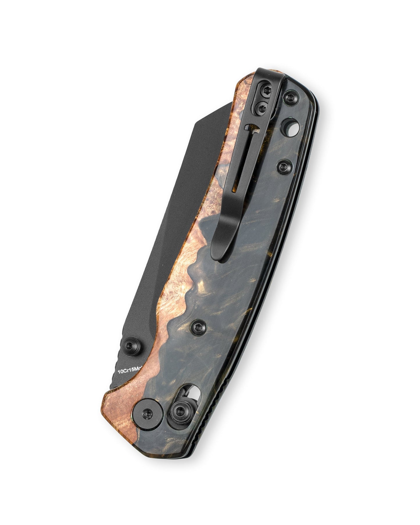 Bestechman Cicada's Wing BMK06-W-6 wood+black+gold resin handle detail – B-Lock, ambidextrous deep carry clip