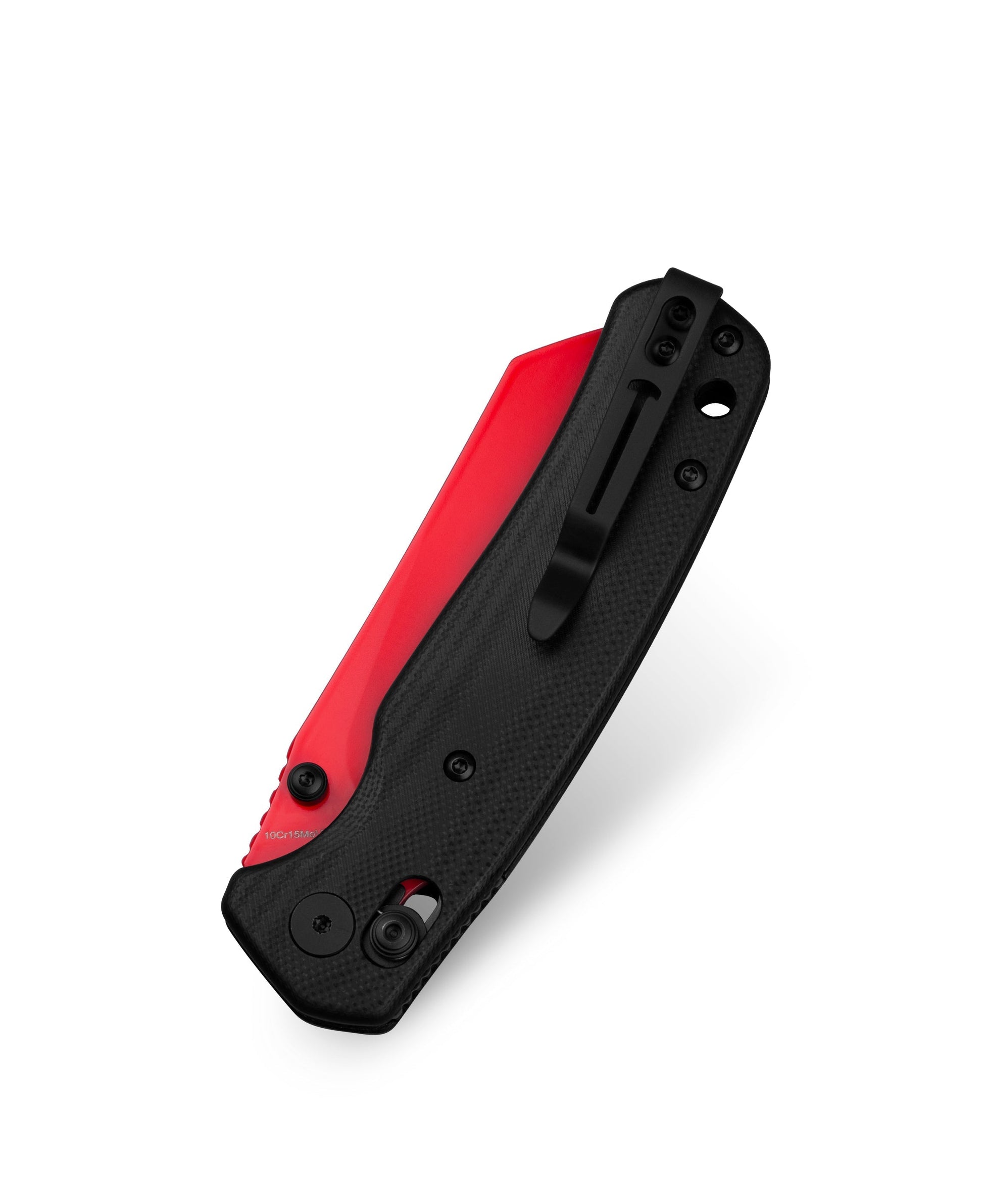 Bestechman Cicada's Wing BMK06F blade detail – red painted 10Cr15MoV, 59-61 HRC