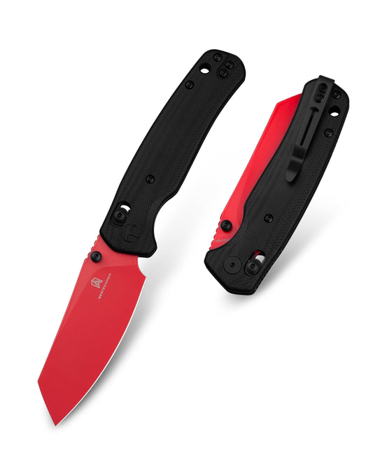 Bestechman Cicada's Wing BMK06F front view – 3.15" red painted 10Cr15MoV blade, black G10 handle, B-Lock