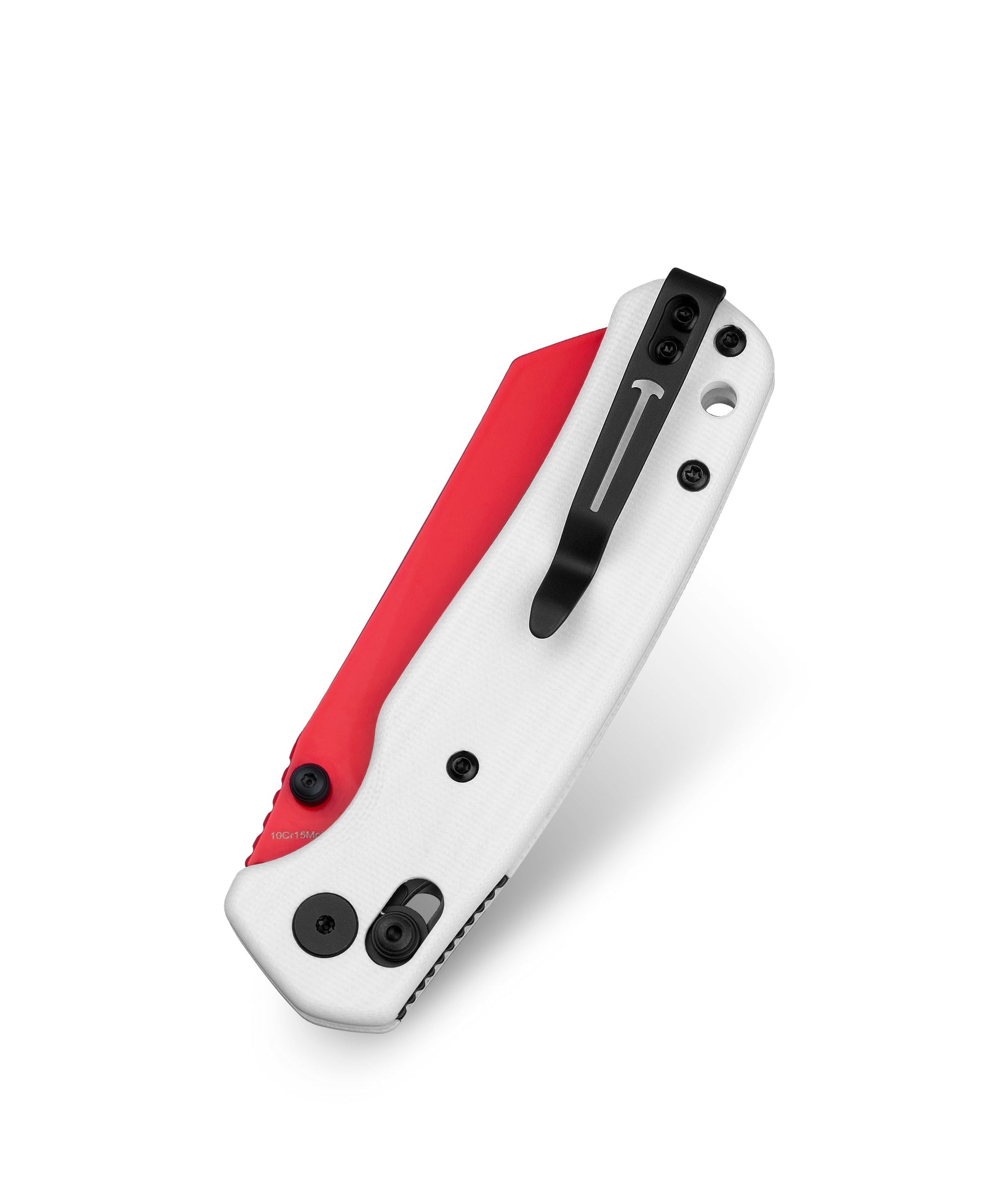 Bestechman Cicada's Wing BMK06G blade detail – red painted 10Cr15MoV, 59-61 HRC