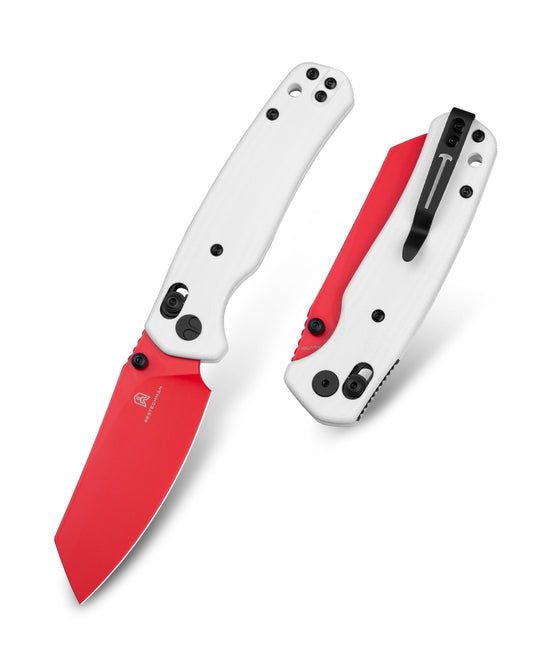 Bestechman Cicada's Wing BMK06G front view – 3.15" red painted 10Cr15MoV blade, white G10 handle, B-Lock
