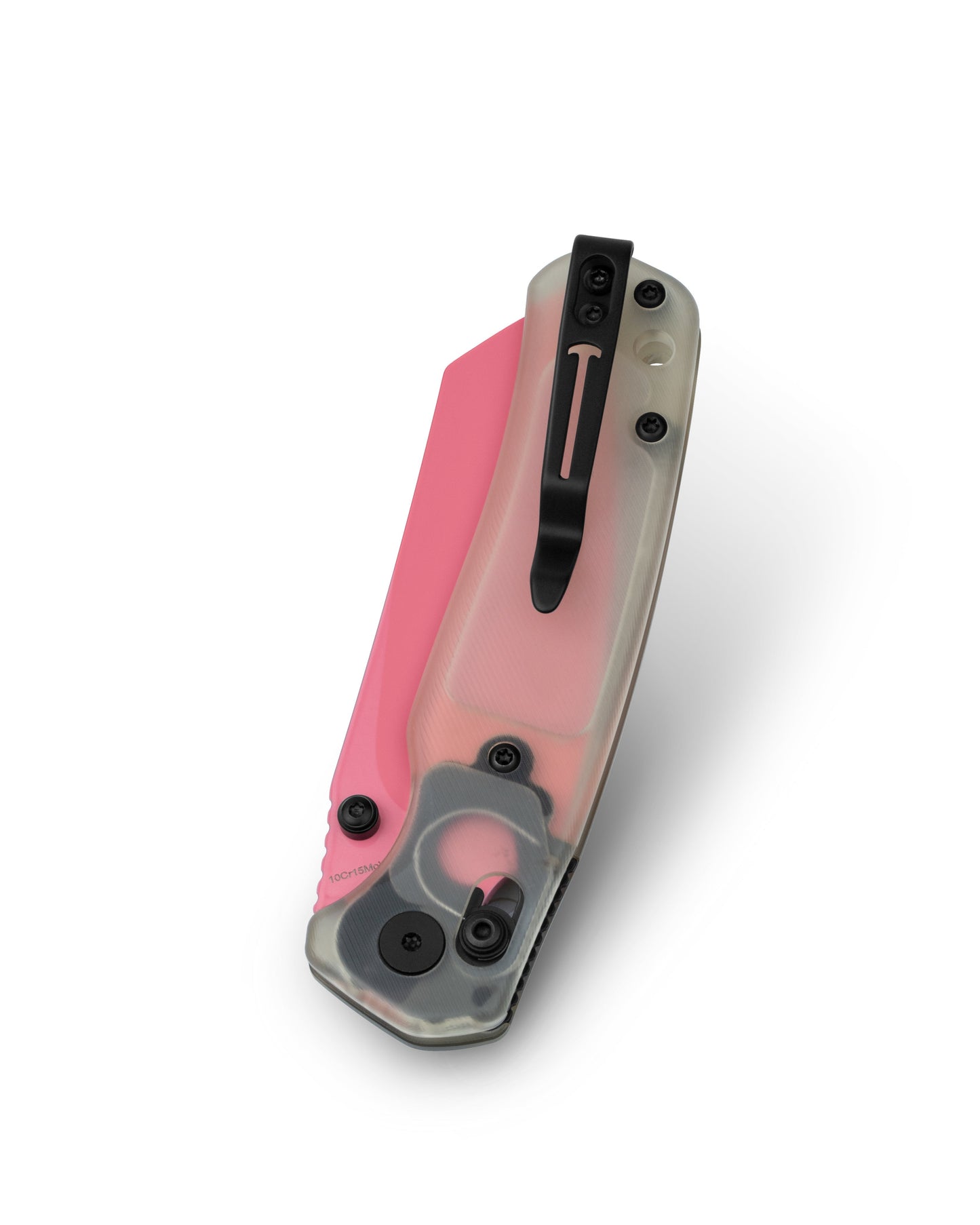 Bestechman Cicada's Wing BMK06H blade detail – pink painted 10Cr15MoV blade, 59-61 HRC