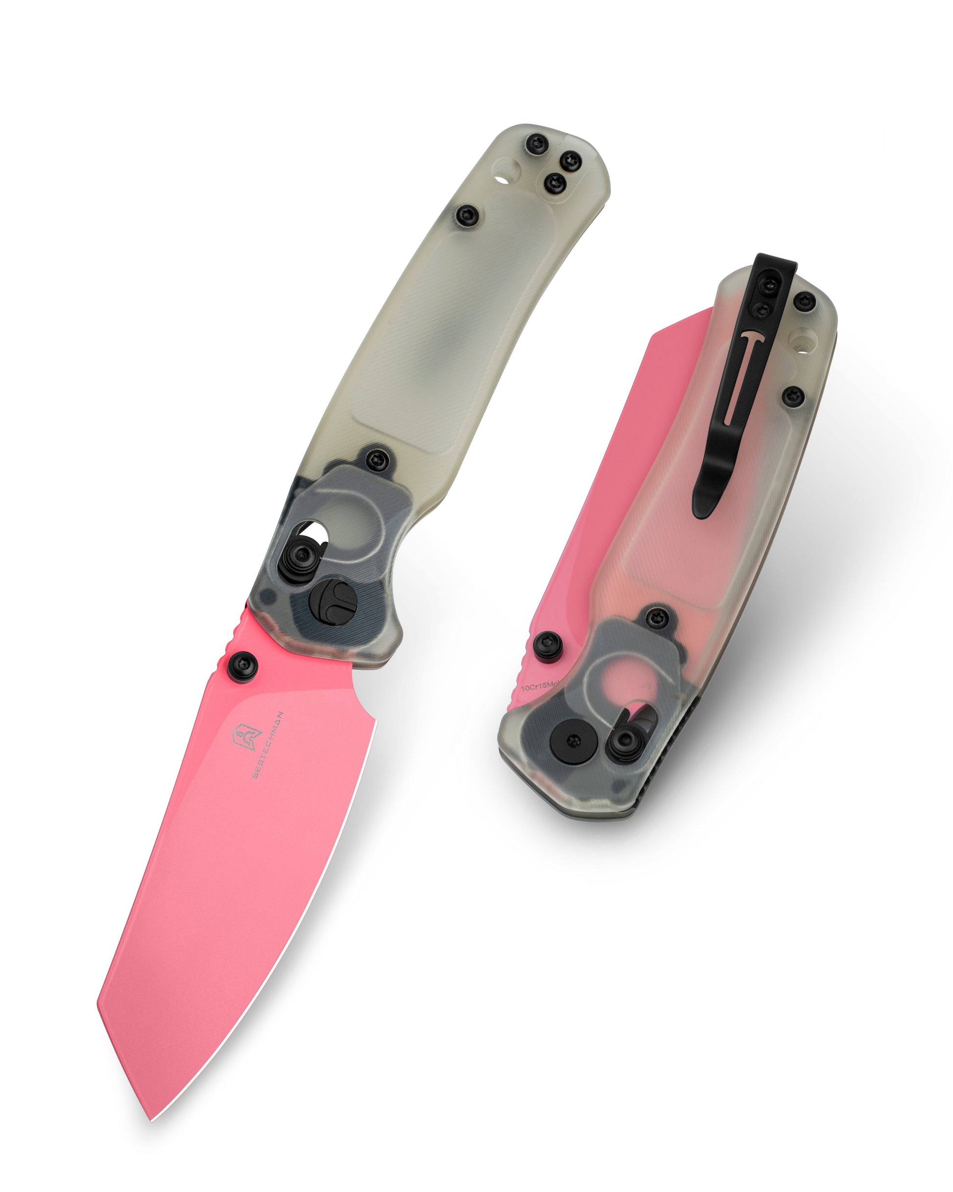 Bestechman Cicada's Wing BMK06H front view – 3.15" pink painted 10Cr15MoV blade, jade Ultem handle, B-Lock