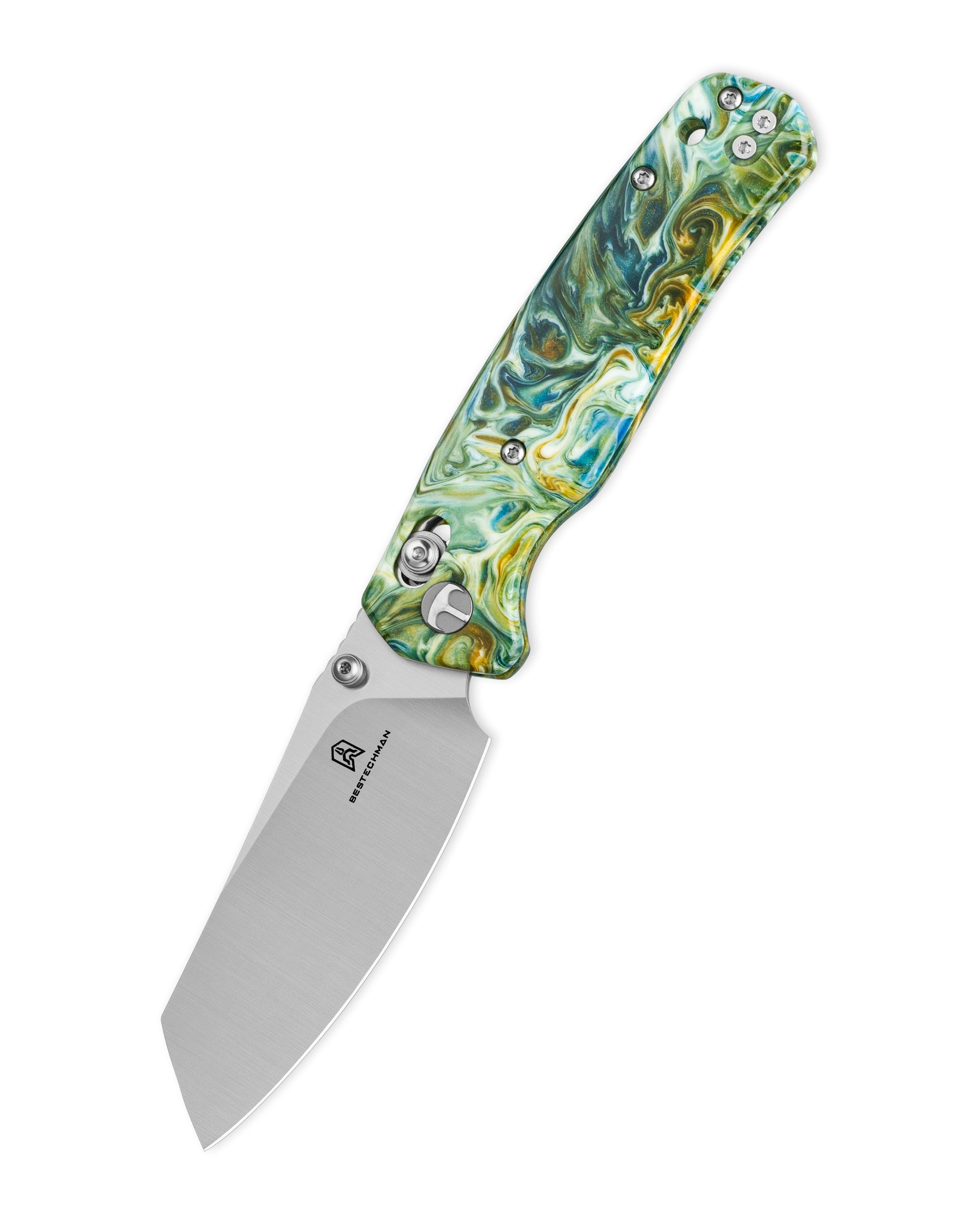 Bestechman Cicada's Wing BMK06P closed view – green patterned resin scales, deep carry clip