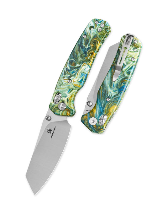 Bestechman Cicada's Wing BMK06P front view – 3.15" satin 10Cr15MoV blade, green patterned resin handle, B-Lock