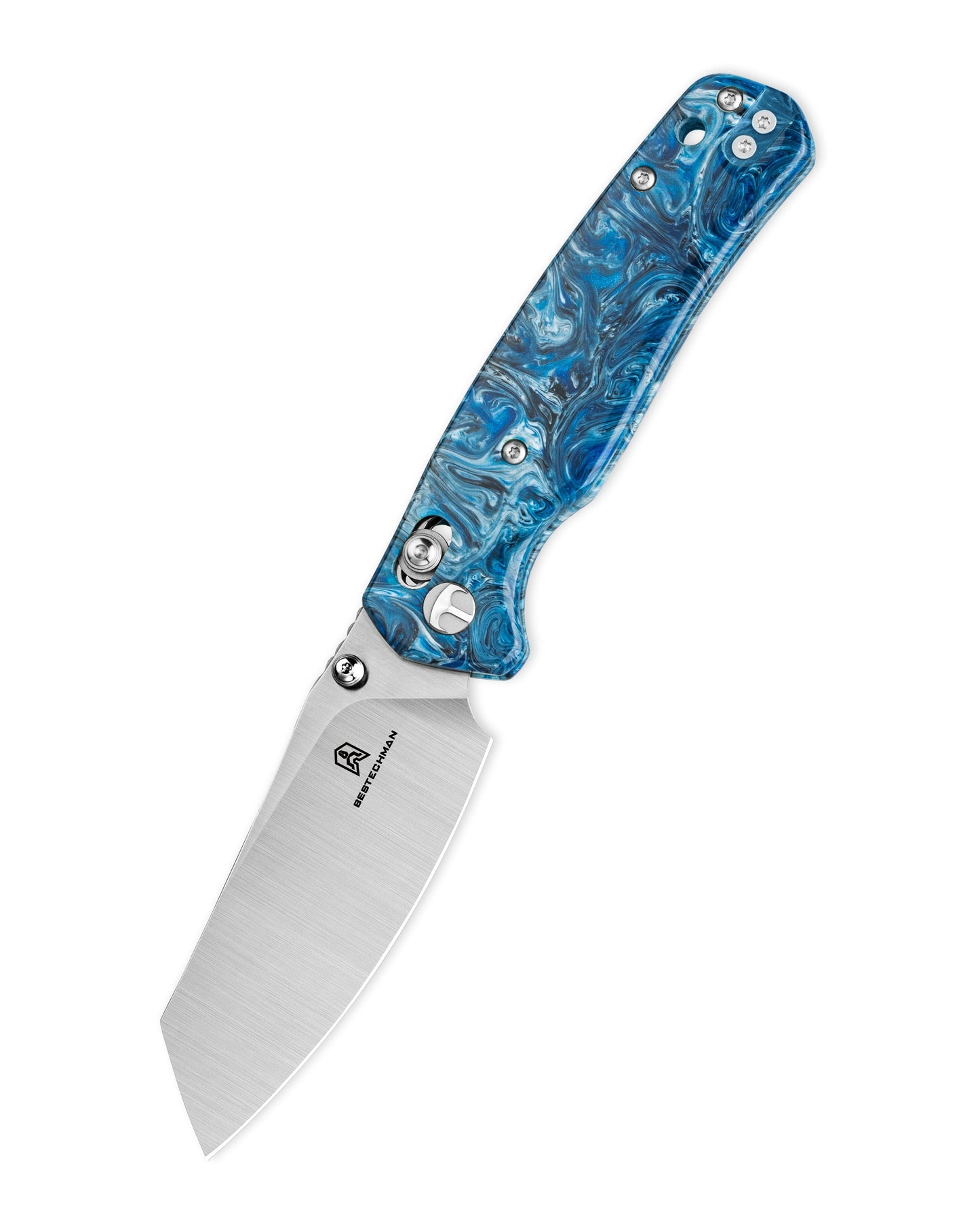 Bestechman Cicada's Wing BMK06Q closed view – blue patterned resin scales, deep carry clip