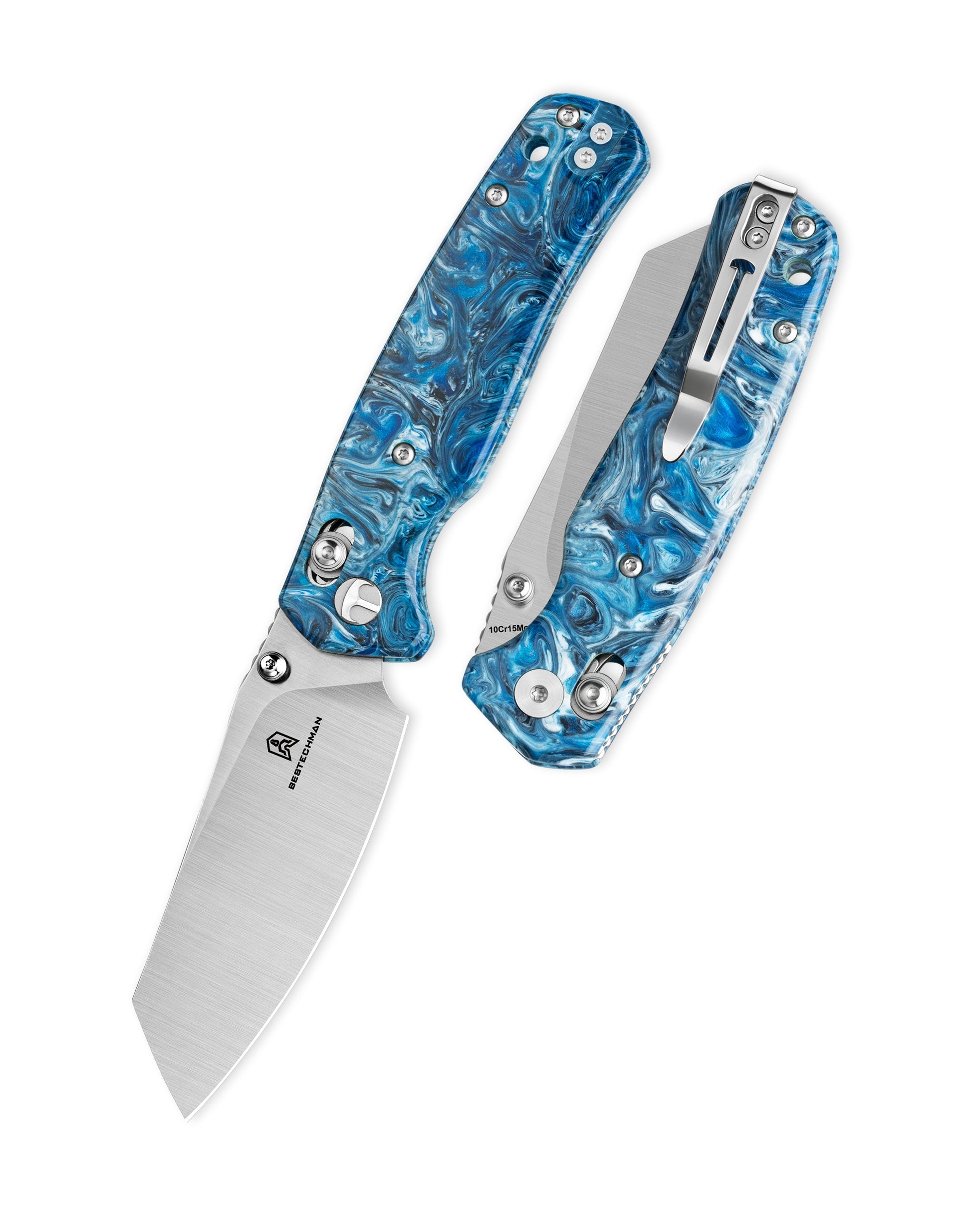 Bestechman Cicada's Wing BMK06Q front view – 3.15" satin 10Cr15MoV blade, blue patterned resin handle, B-Lock