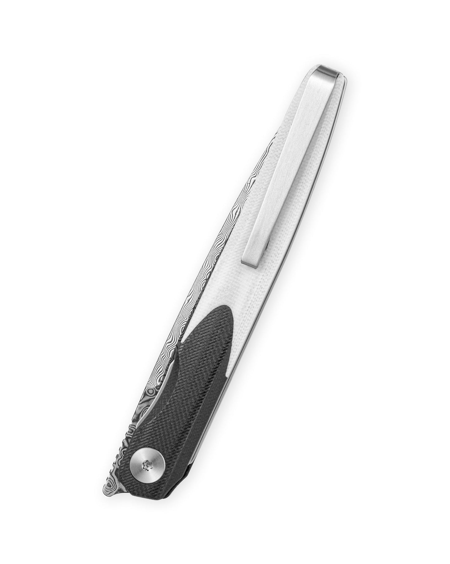 Bestechman LANZA BMK14-D-1 blade detail – Damascus acid etched layered pattern, 3.45″ blade