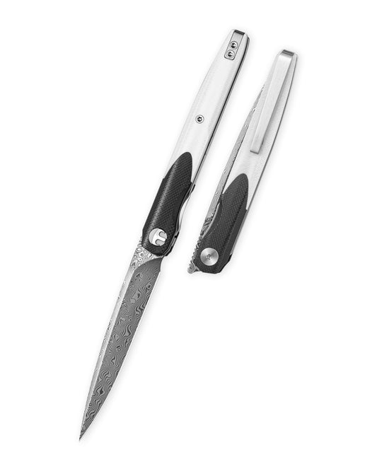 Bestechman LANZA BMK14-D-1 front view – 3.45″ Damascus acid etched blade, black+white G10, liner lock