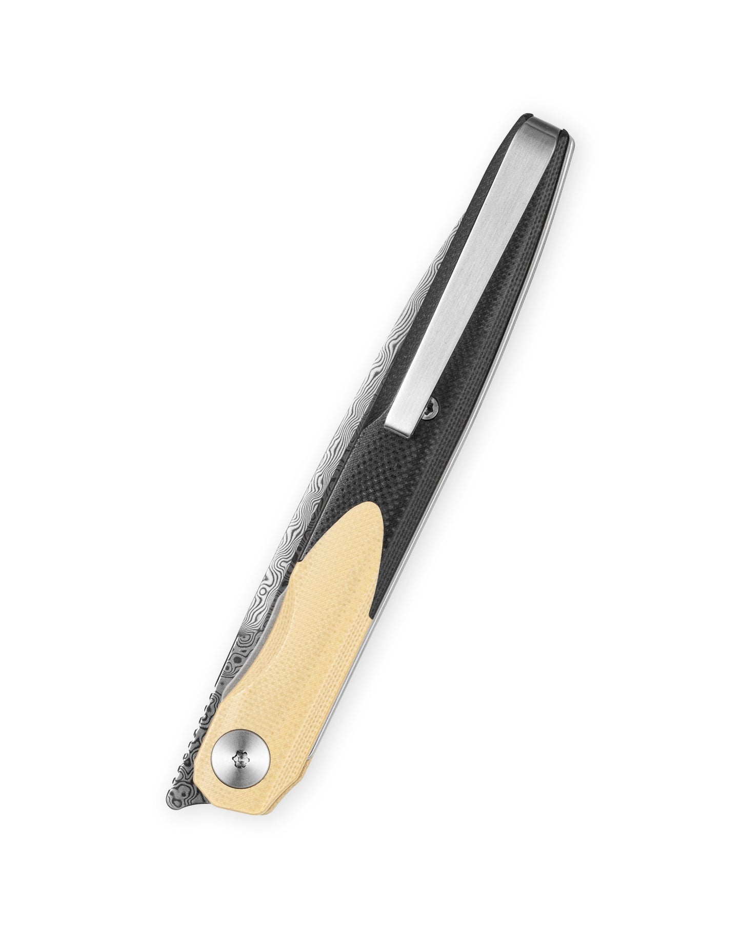 Bestechman LANZA BMK14-D-2 blade detail – Damascus acid etched layered pattern, 3.45″ blade