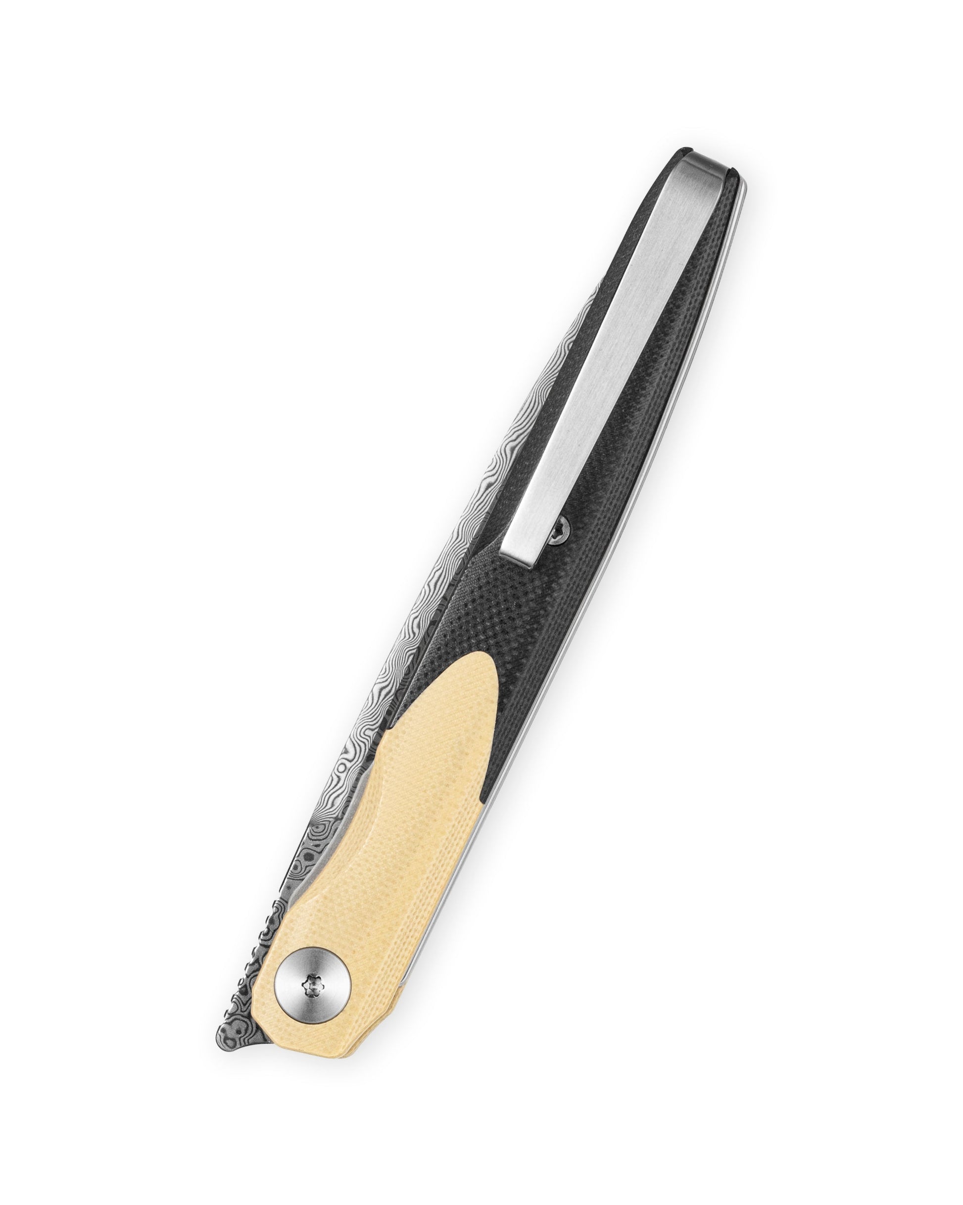 Bestechman LANZA BMK14-D-2 blade detail – Damascus acid etched layered pattern, 3.45″ blade