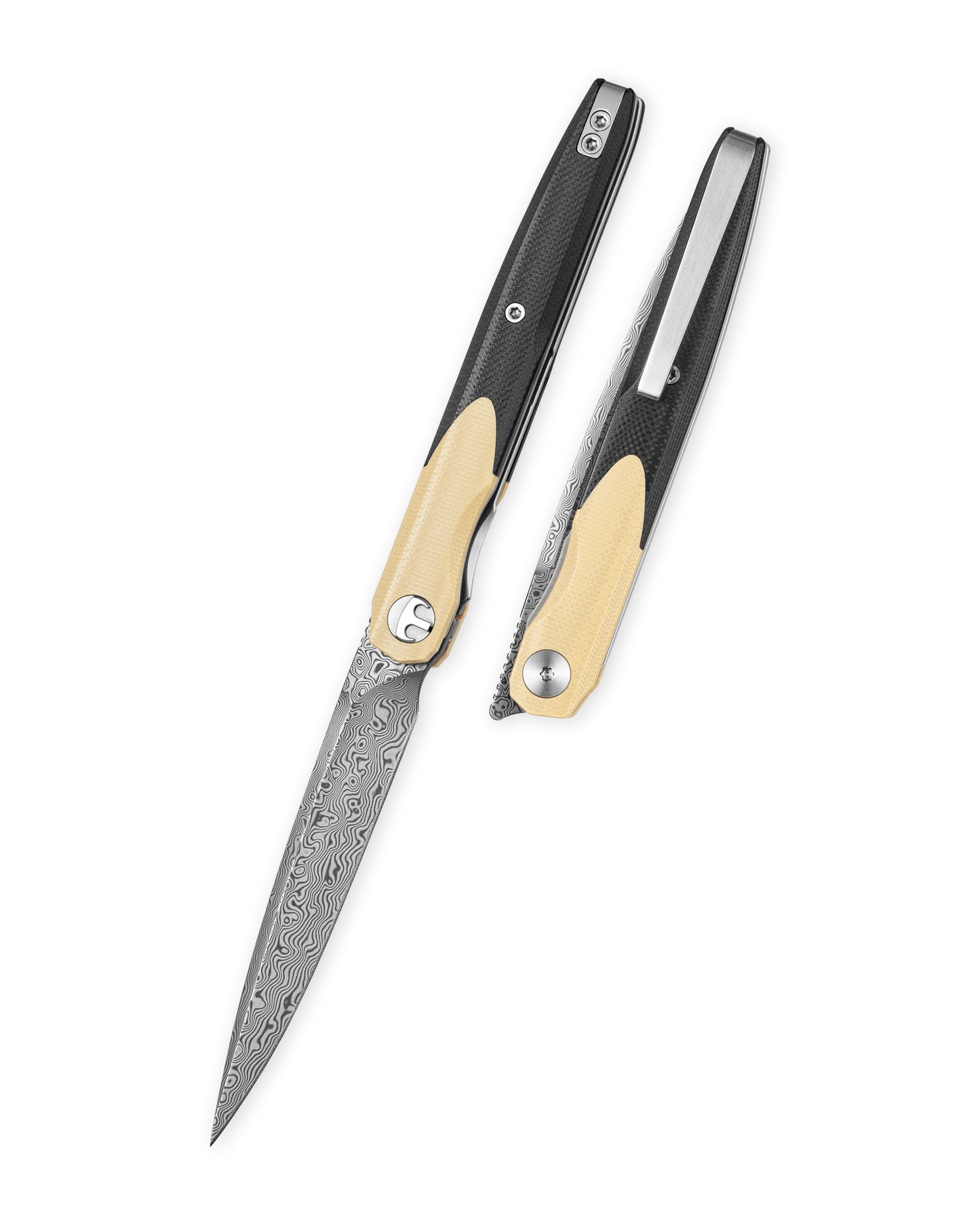 Bestechman LANZA BMK14-D-2 front view – 3.45″ Damascus acid etched blade, khaki+black G10, liner lock