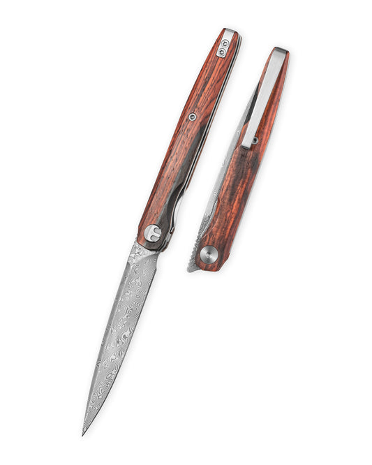 Bestechman LANZA BMK14-D-3 front view – 3.45″ Damascus acid etched blade, rosewood scales, liner lock