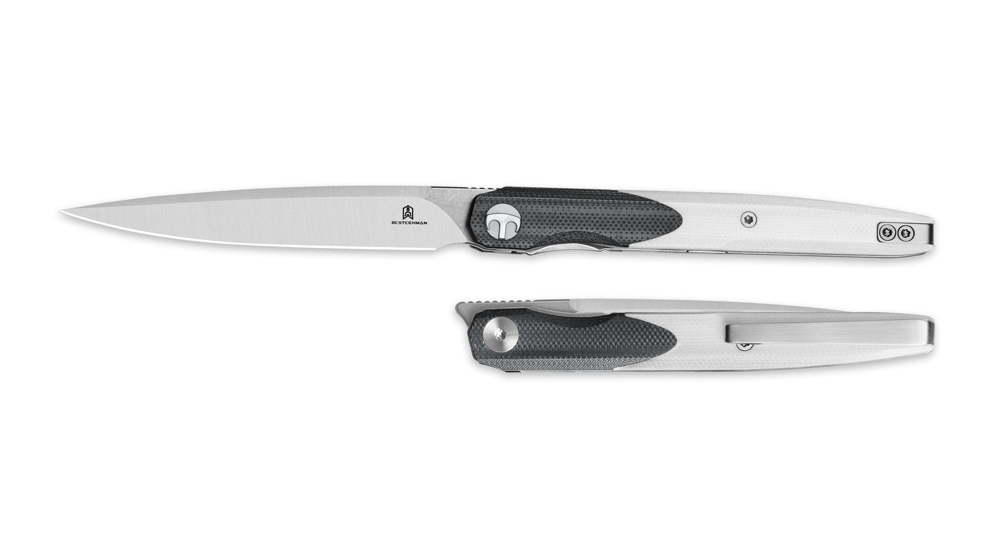 Bestechman LANZA BMK14A black+white G10 handle detail – liner lock, ambidextrous deep carry clip