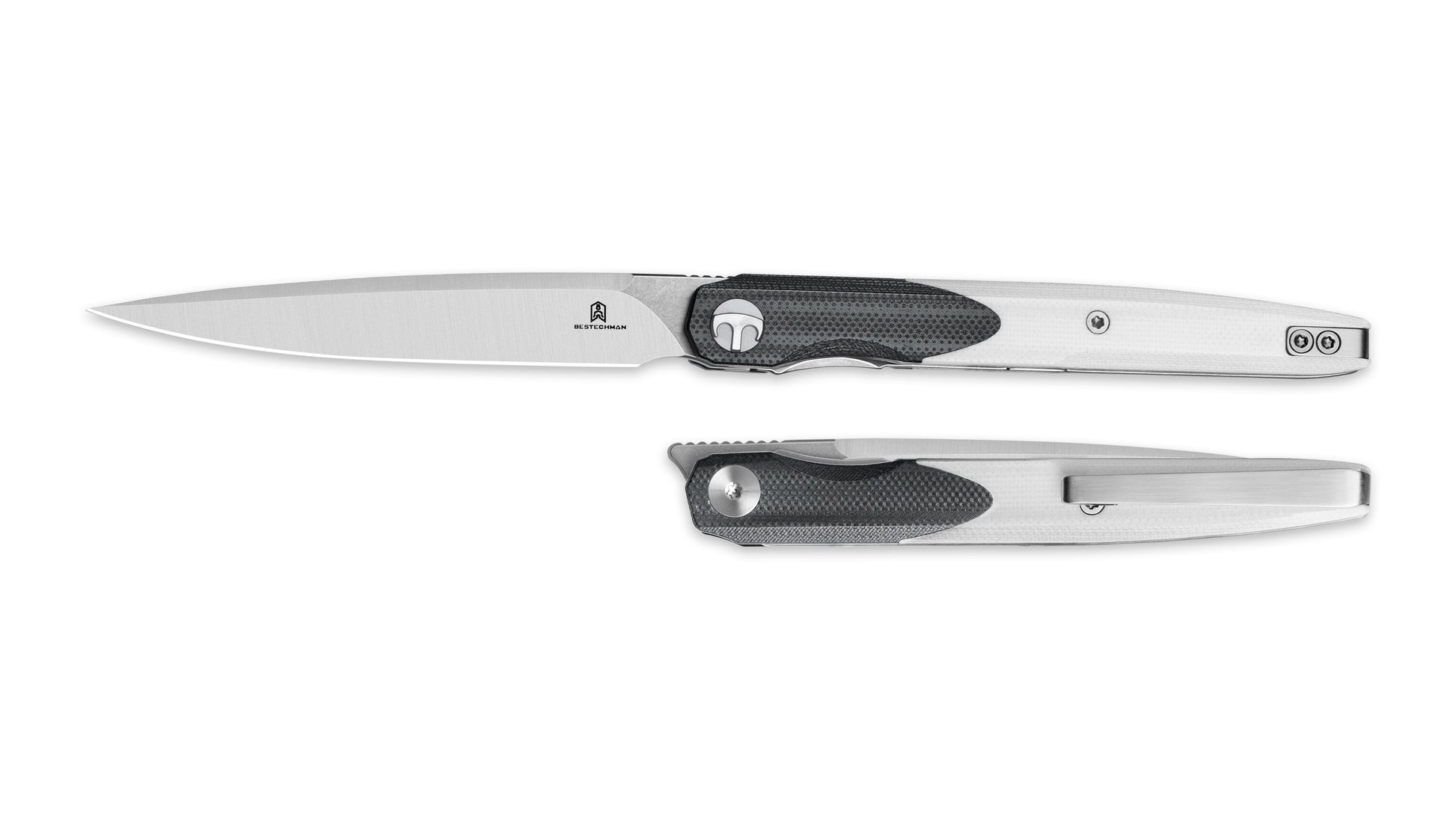 Bestechman LANZA BMK14A black+white G10 handle detail – liner lock, ambidextrous deep carry clip