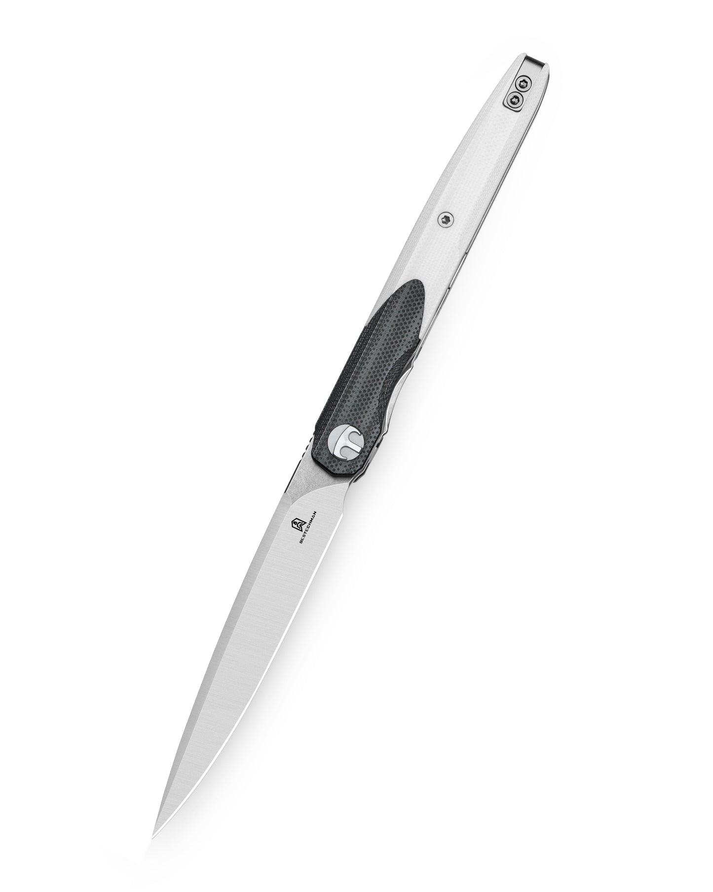Bestechman LANZA BMK14A closed view – black+white G10 handle, deep carry clip