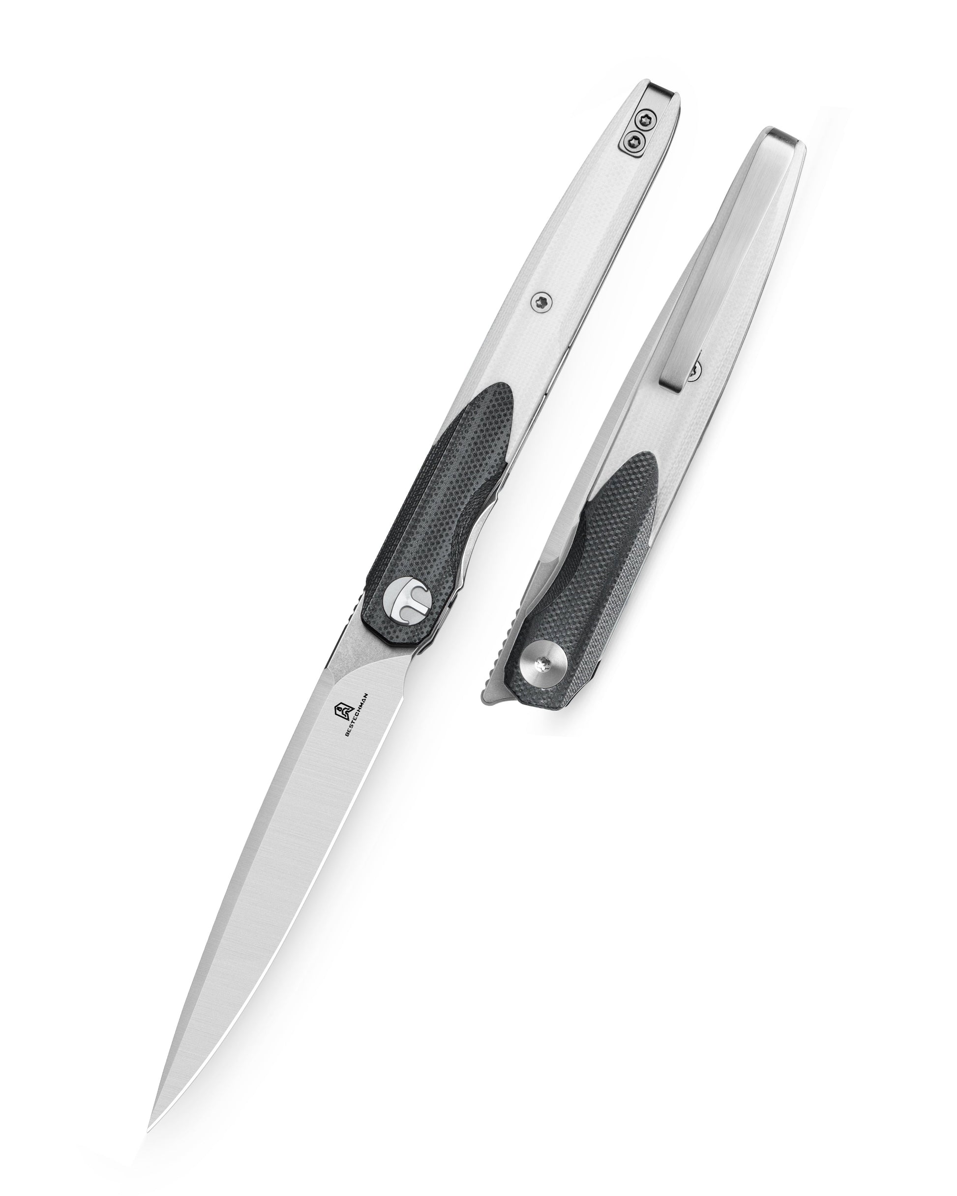 Bestechman LANZA BMK14A front view – 3.45" 14C28N satin+stonewash blade, black+white G10 scales