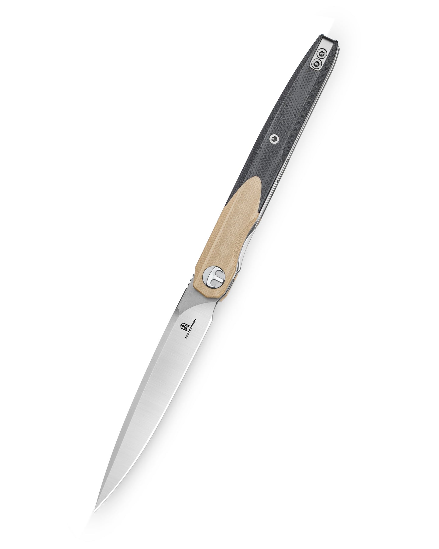 Bestechman LANZA BMK14B closed view – khaki+black G10 handle, deep carry clip