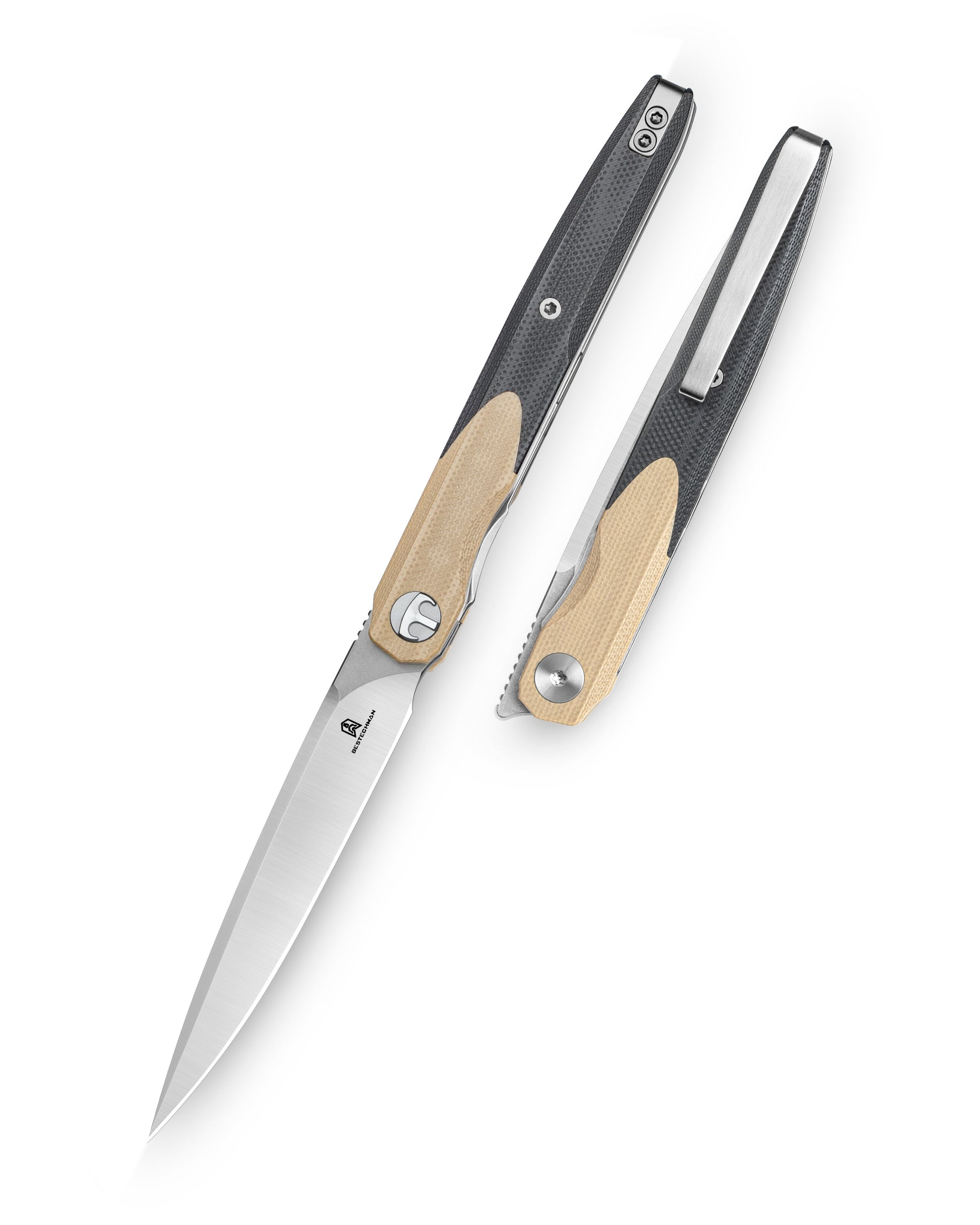 Bestechman LANZA BMK14B front view – 3.45" 14C28N satin+stonewash blade, khaki+black G10 scales