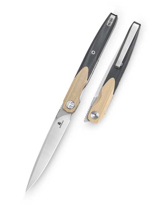 Bestechman LANZA BMK14B front view – 3.45" 14C28N satin+stonewash blade, khaki+black G10 scales