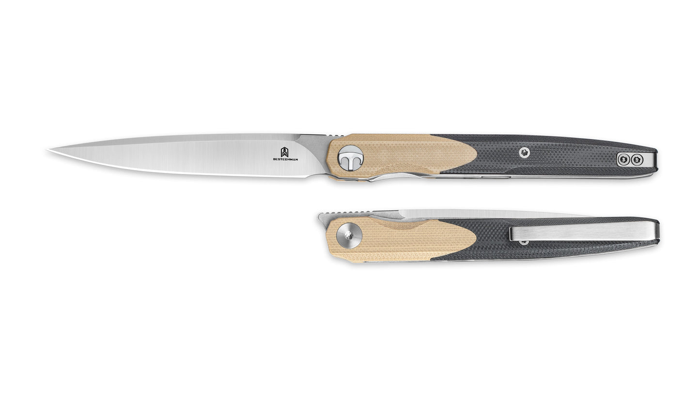 Bestechman LANZA BMK14B khaki+black G10 handle detail – liner lock, ambidextrous deep carry clip