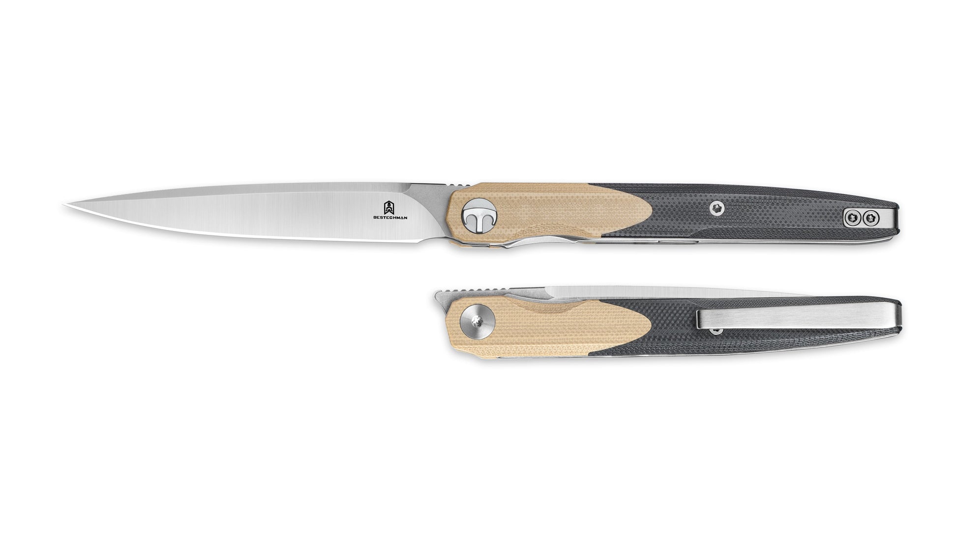 Bestechman LANZA BMK14B khaki+black G10 handle detail – liner lock, ambidextrous deep carry clip