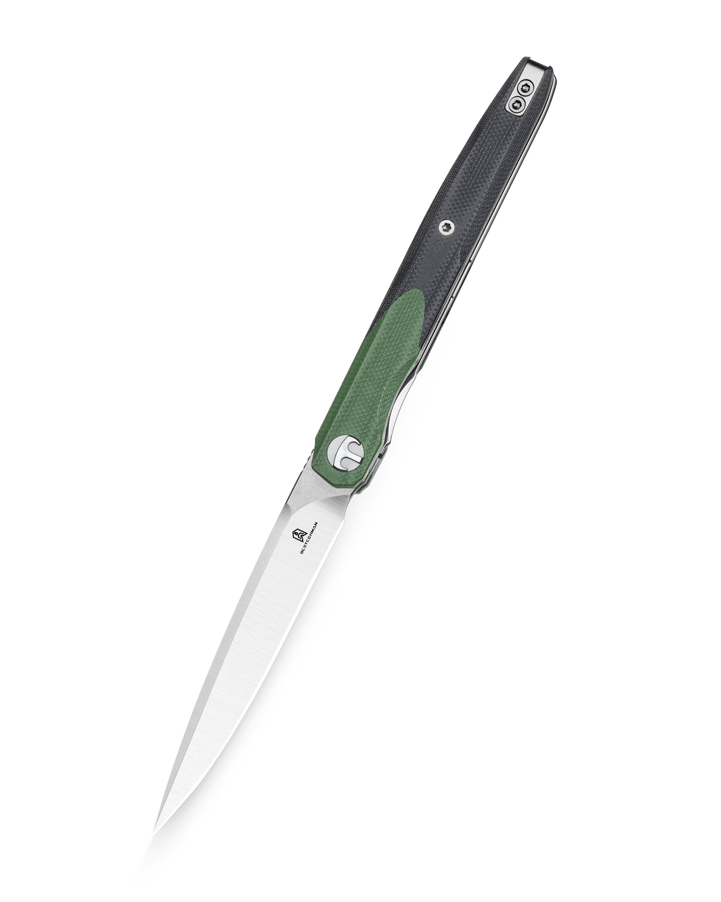 Bestechman LANZA BMK14C closed view – OD green+black G10 handle, deep carry clip