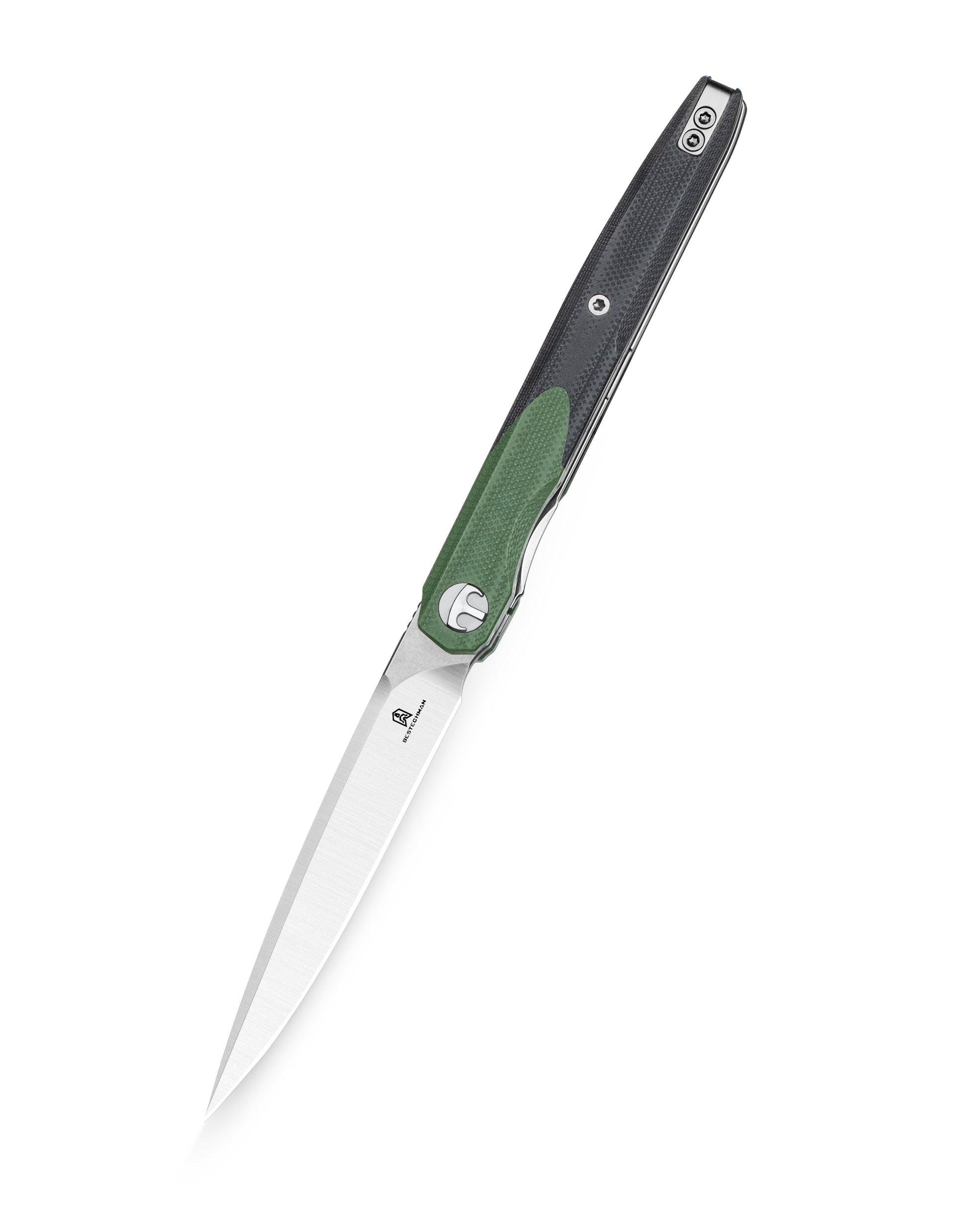 Bestechman LANZA BMK14C closed view – OD green+black G10 handle, deep carry clip