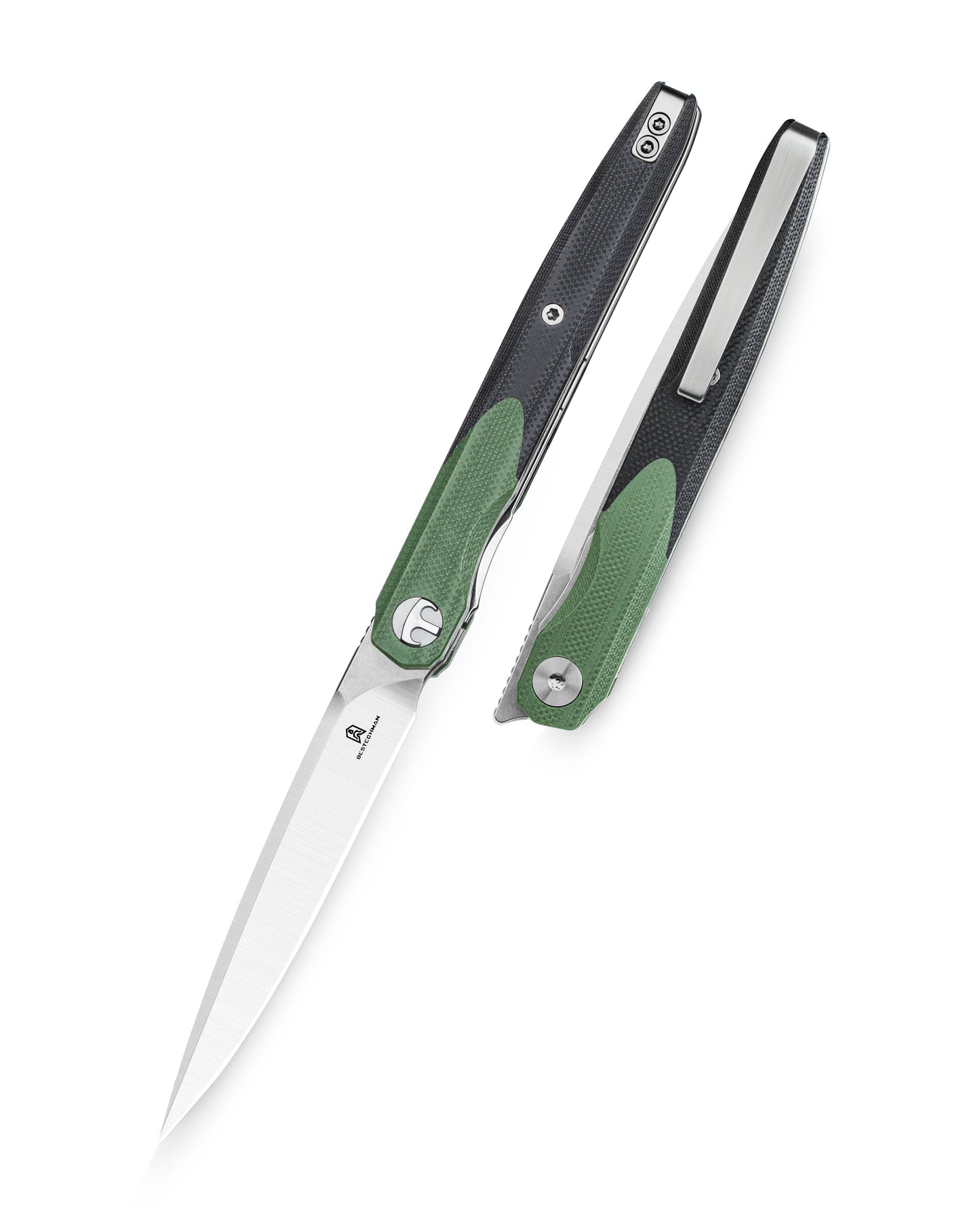 Bestechman LANZA BMK14C front view – 3.45" 14C28N satin+stonewash blade, OD green+black G10 scales