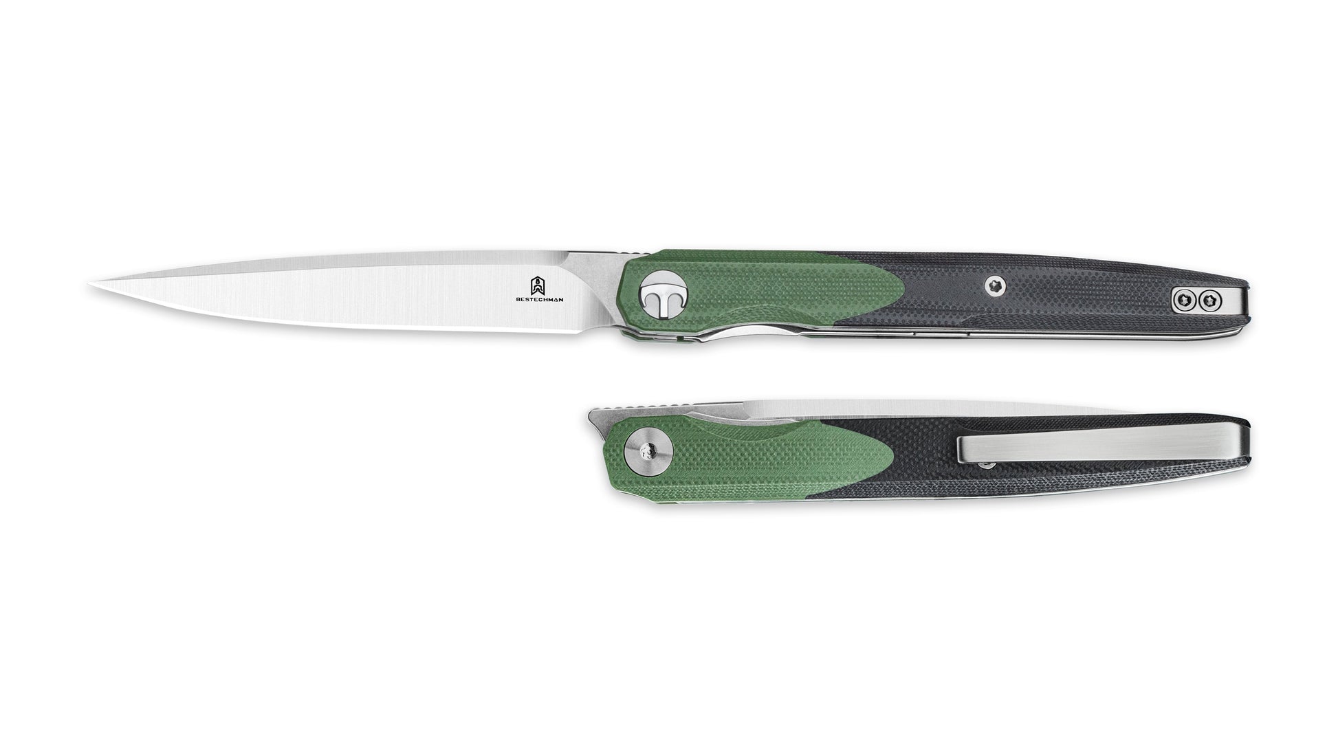 Bestechman LANZA BMK14C OD green+black G10 handle detail – liner lock, ambidextrous deep carry clip