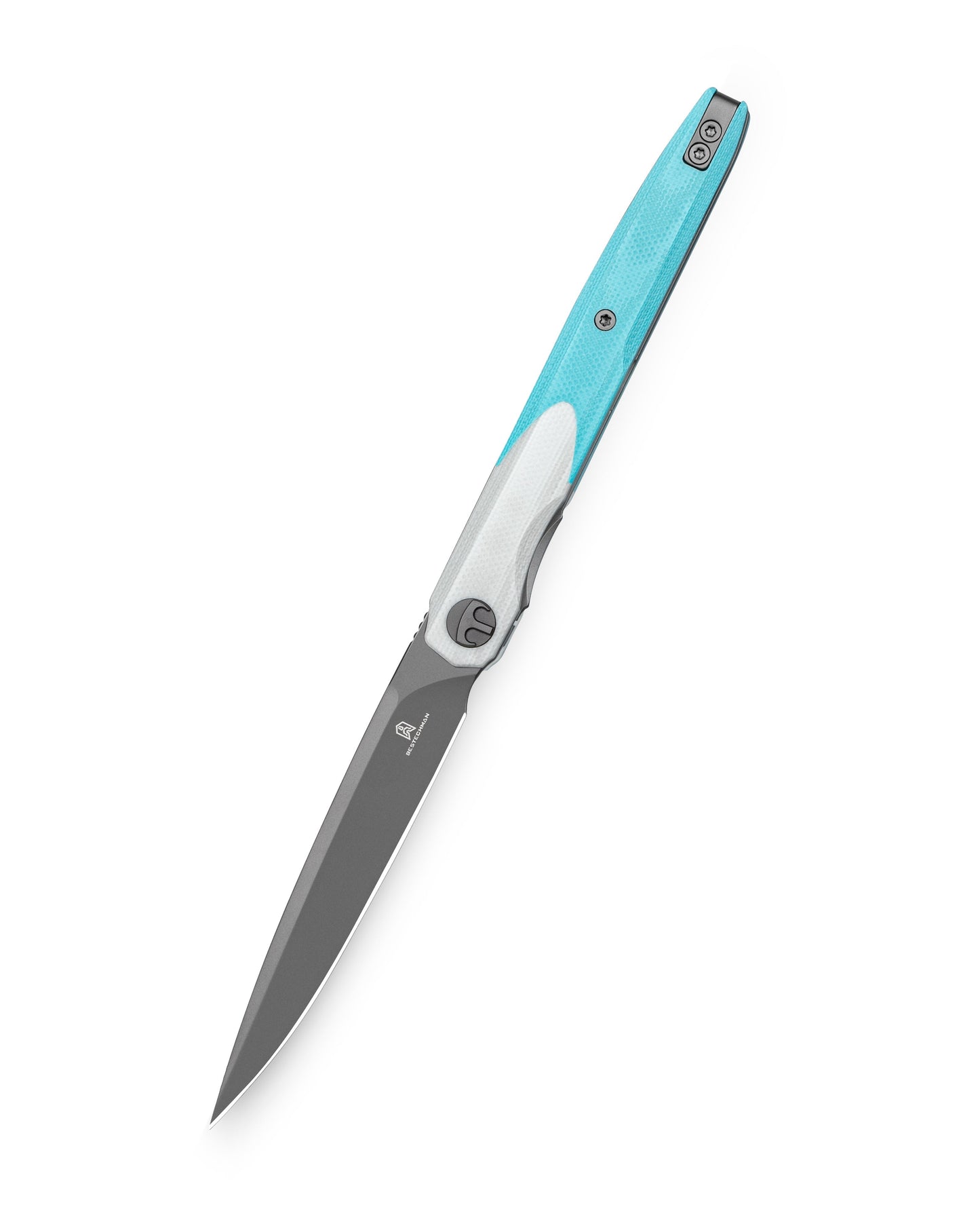 Bestechman LANZA BMK14D closed view – white+light blue G10 handle, deep carry clip