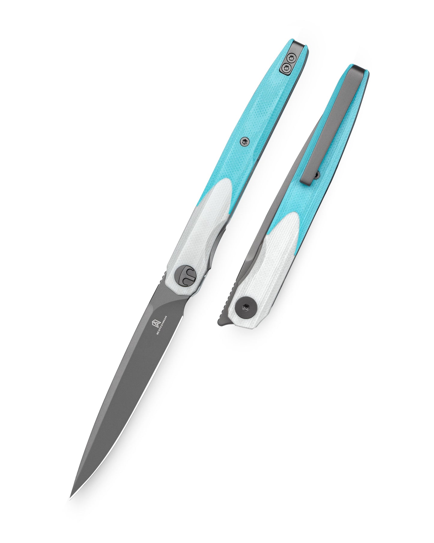 Bestechman LANZA BMK14D front view – 3.45" 14C28N Grey PVD blade, white+light blue G10 scales