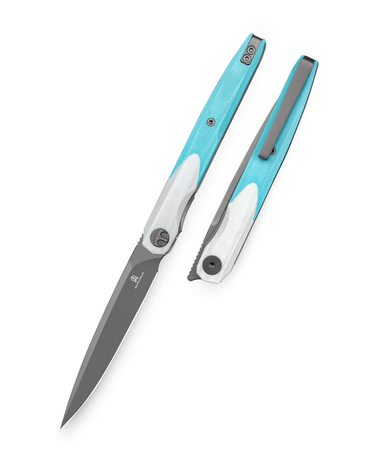 Bestechman LANZA BMK14D front view – 3.45" 14C28N Grey PVD blade, white+light blue G10 scales