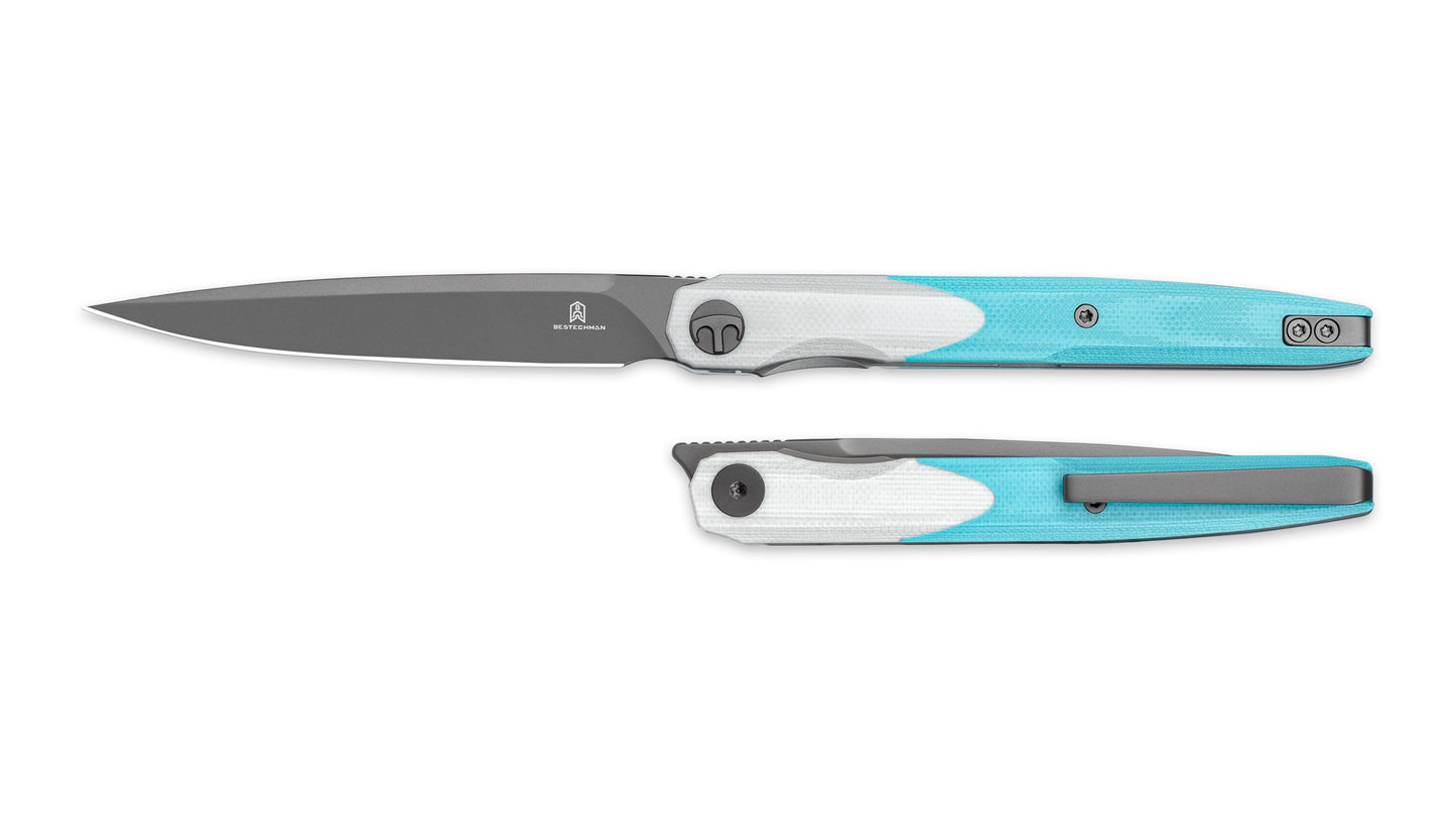 Bestechman LANZA BMK14D white+light blue G10 handle detail – liner lock, ambidextrous clip