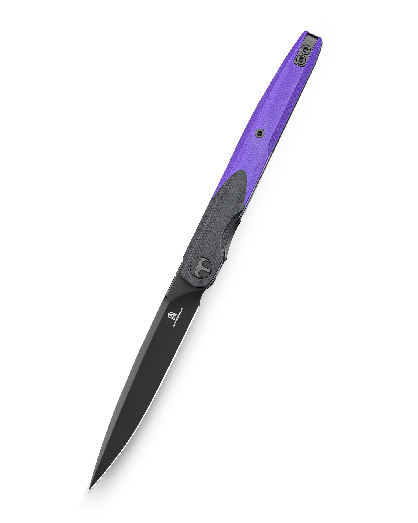 Bestechman LANZA BMK14E closed view – black and purple G10 scales, deep carry clip