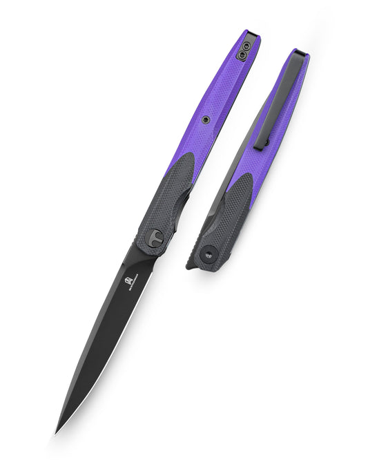 Bestechman LANZA BMK14E front view – 3.45″ 14C28N Black PVD, black+purple G10, liner lock