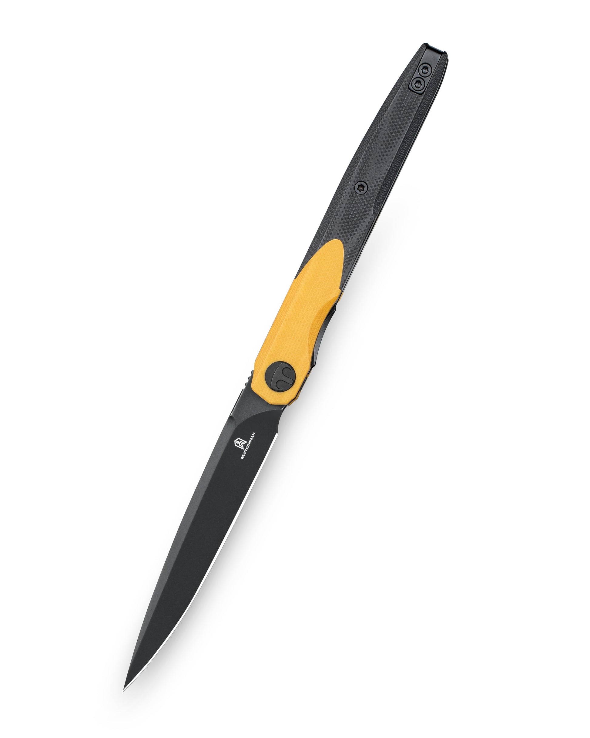 Bestechman LANZA BMK14F closed view – black and yellow G10 scales, deep carry clip